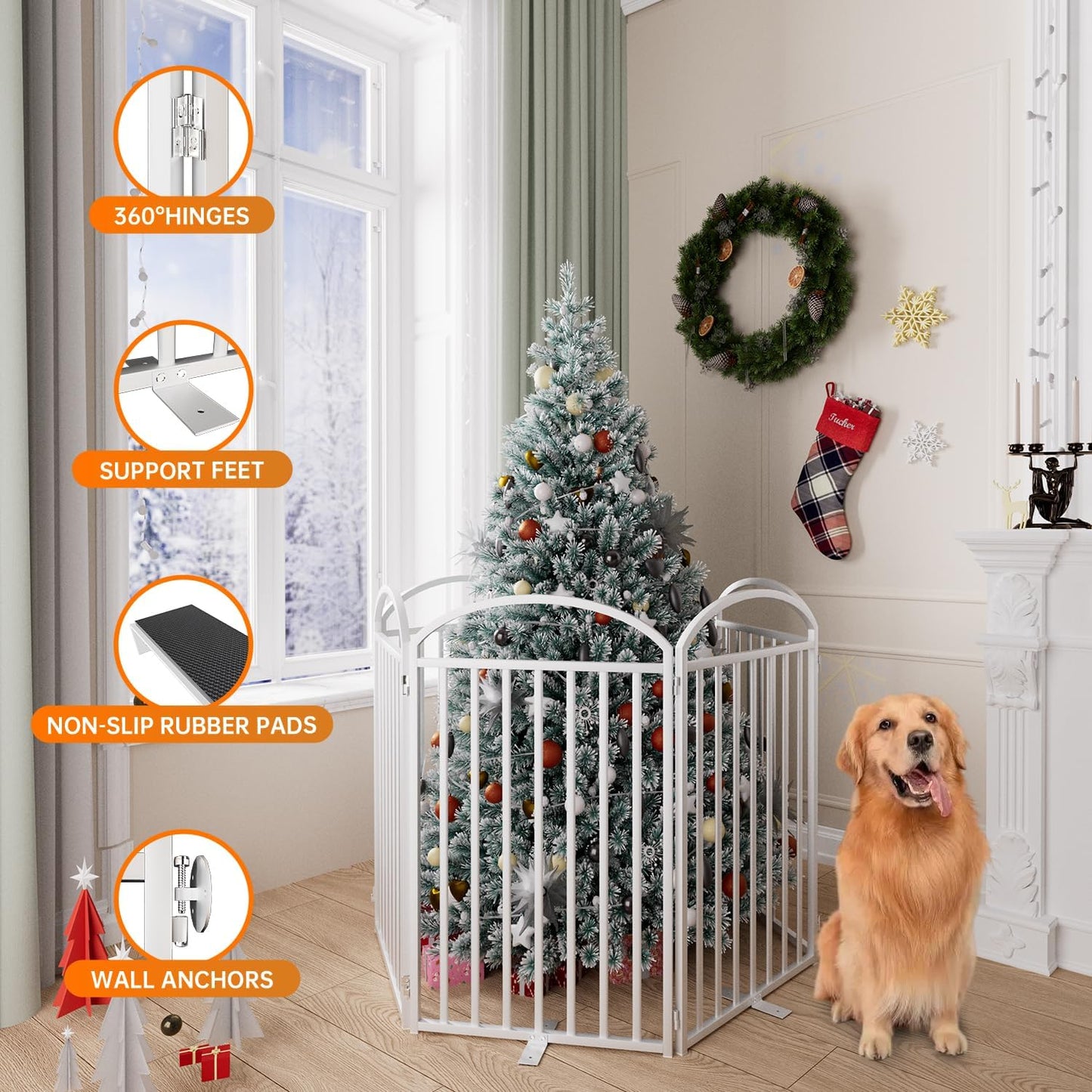 6 Panles Full Matel Freestanding Dog Gates with Door, 144"Extra Wide 36"Tall Free Standing Dog Pet Gate for Indoor & Outdoor. Foldable Pet Fences for Doorways, House, Stairs, Porch, Deck, Yard