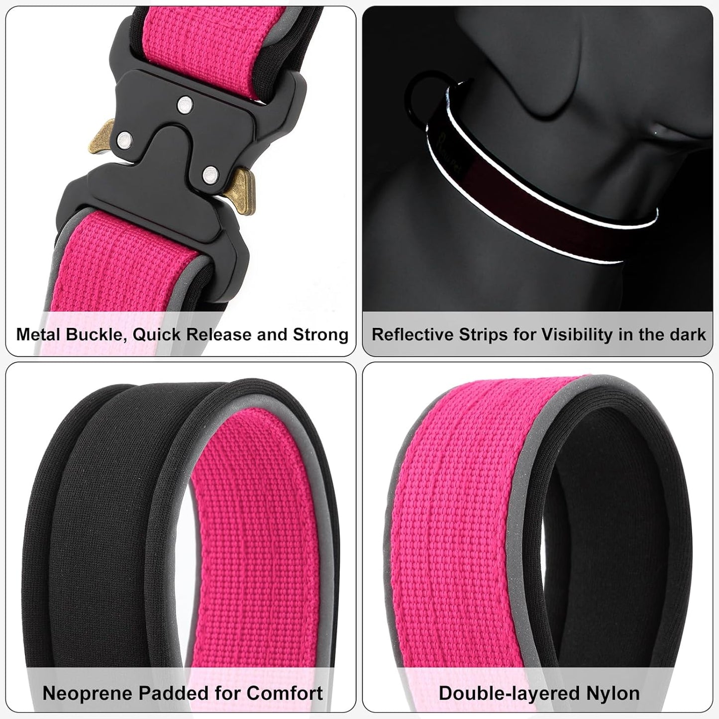 Plutus Pet Tactical Dog Collar, Reflective, Adjustable Heavy Duty Dog Collar, Soft Padded and Comfortable, for Small Medium and Large Dogs (Hot Pink, S)