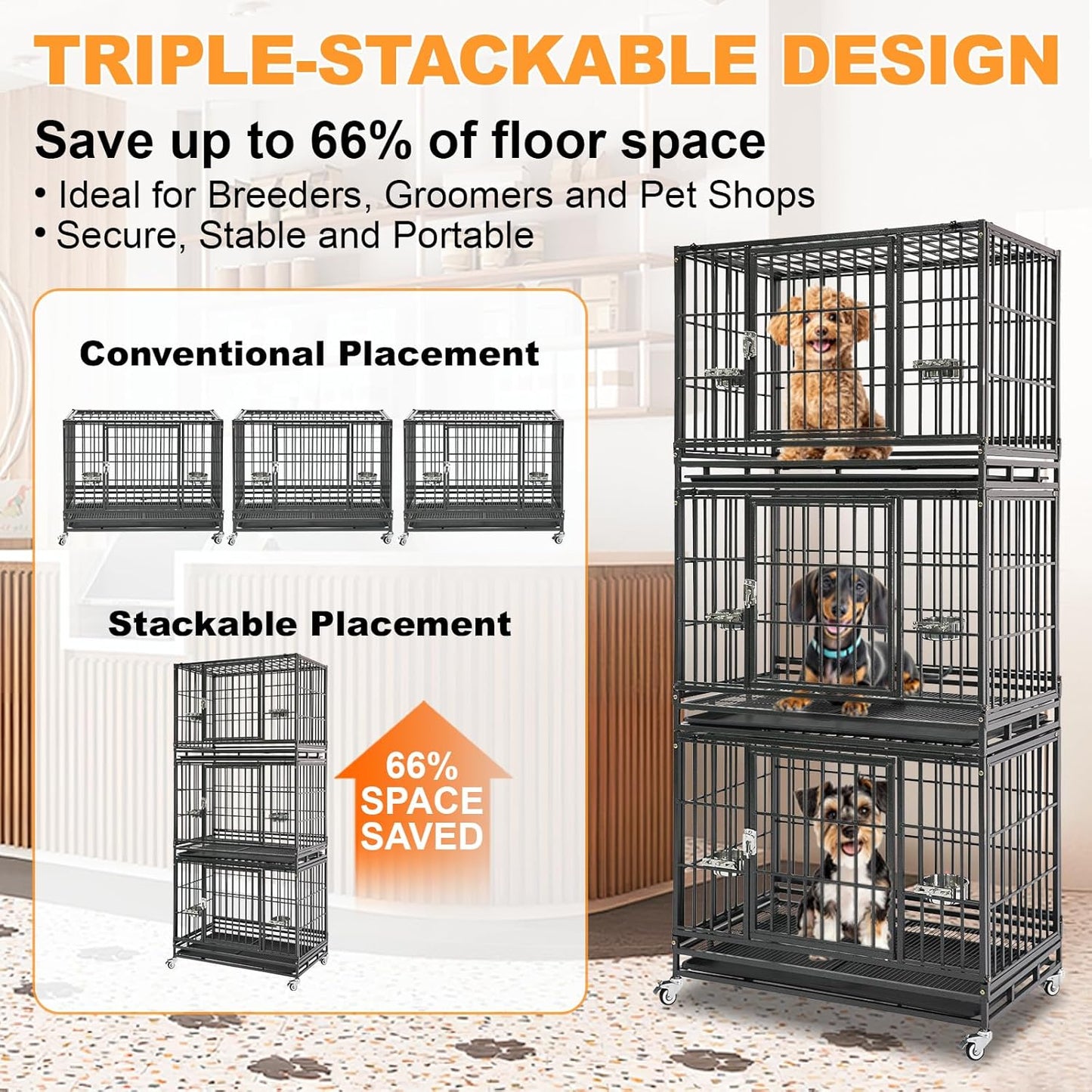 Homey Pet Three Levels 37 Inch Dog Crate, Escape Proof Dog Cage Kennel Indoor with Top Access and Lockable Wheels, Removable Tray, Heavy Duty Dog Crates for Medium/Small Dogs