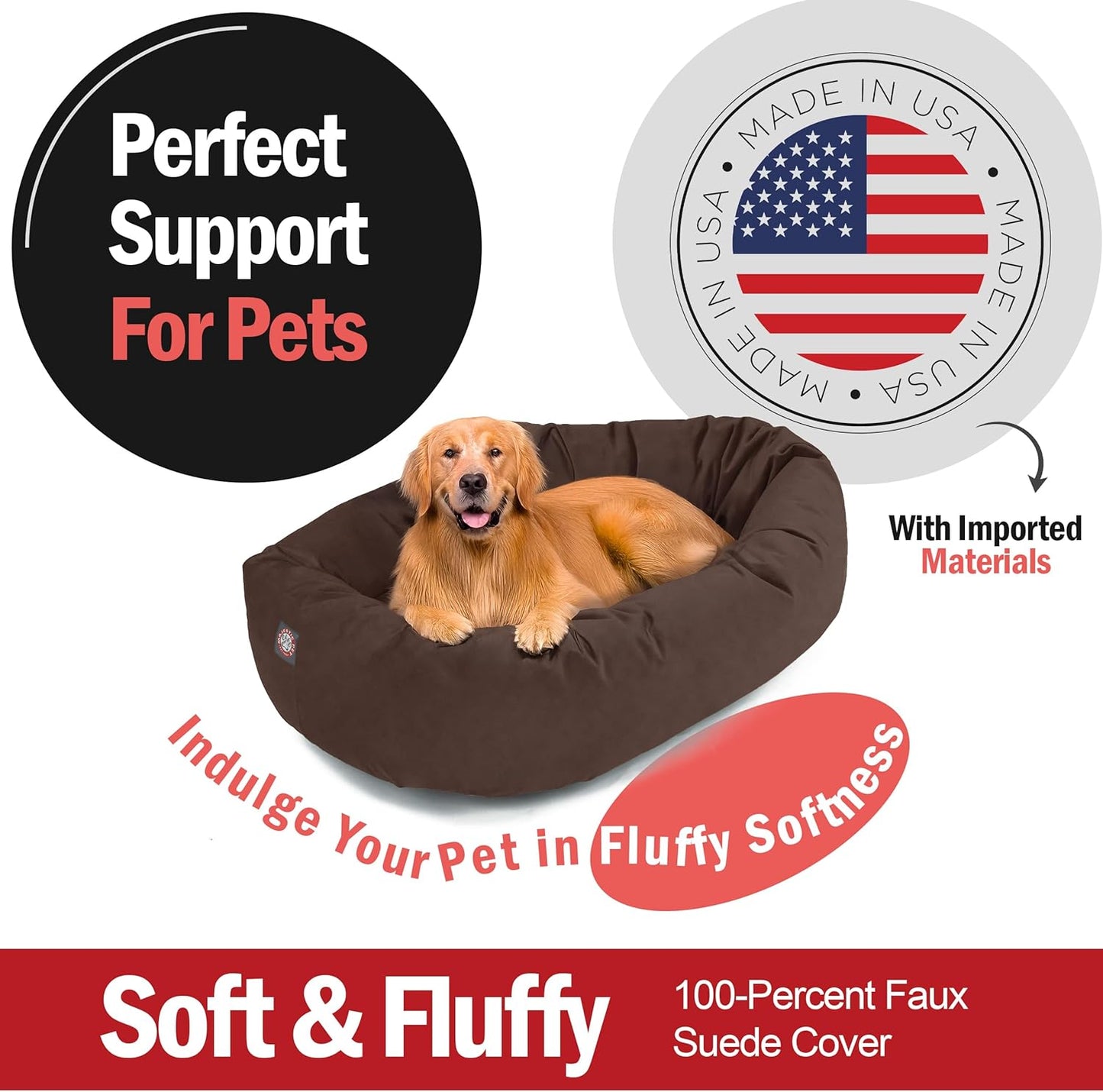 Majestic Pet 40 Inch Suede Shredded Memory Foam Mix Calming Large Dog Bed Washable 40 x 29 x 9 (Inch) - Cozy Soft Round Donut Dog Bed with Spine for Head Support - Pet Bed Chocolate