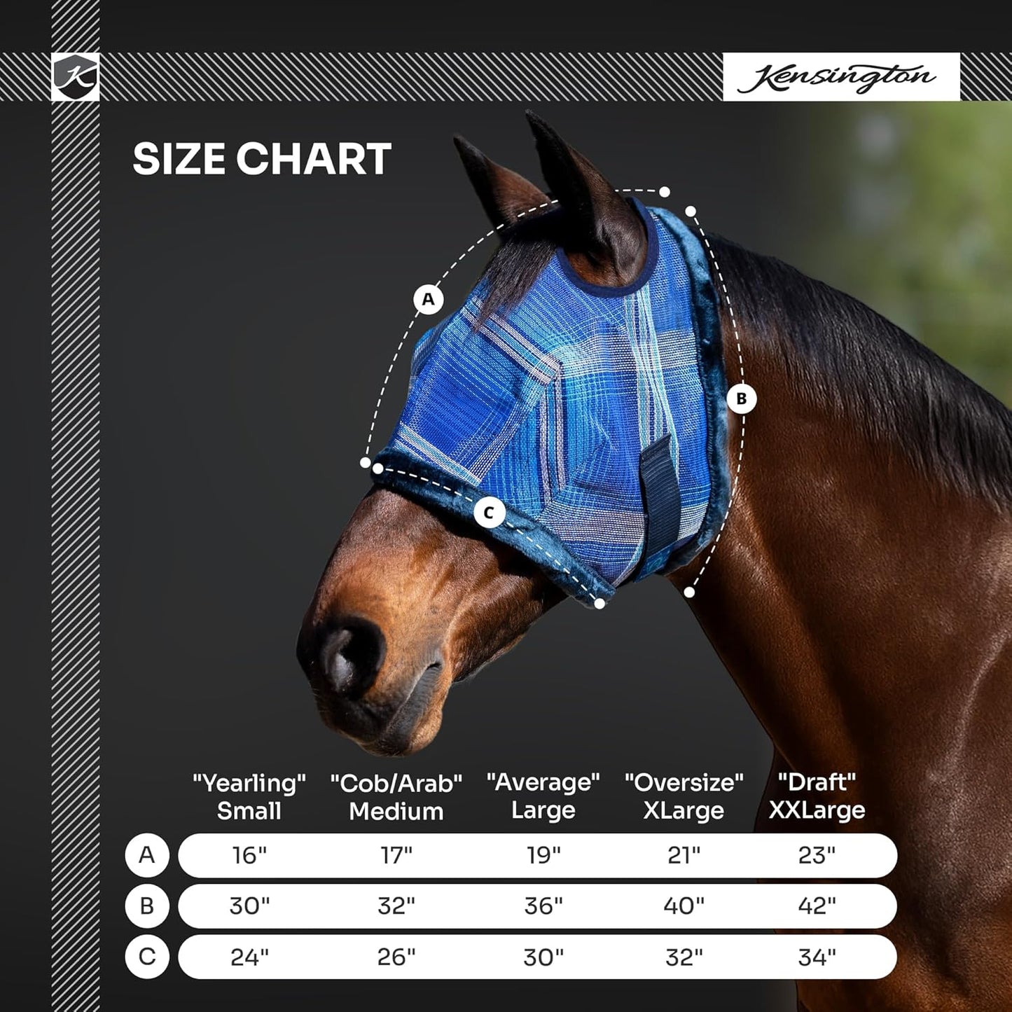 Kensington UV Fly Mask with Fleece Trim - Protective Mask with Dual Ear Opening & Forelock Freedom - Medium, Deluxe Black