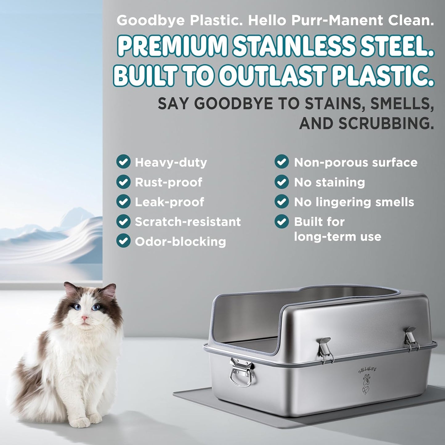XL Metal Cat Litter Box with Lid – Non-Stick, Odor Control, Stainless Steel, Rust-Resistant, High-Sided – Easy to Clean with Handles, No-Slip Base, Leak-Proof Seal, 5 Clips, Cleaning Tracker