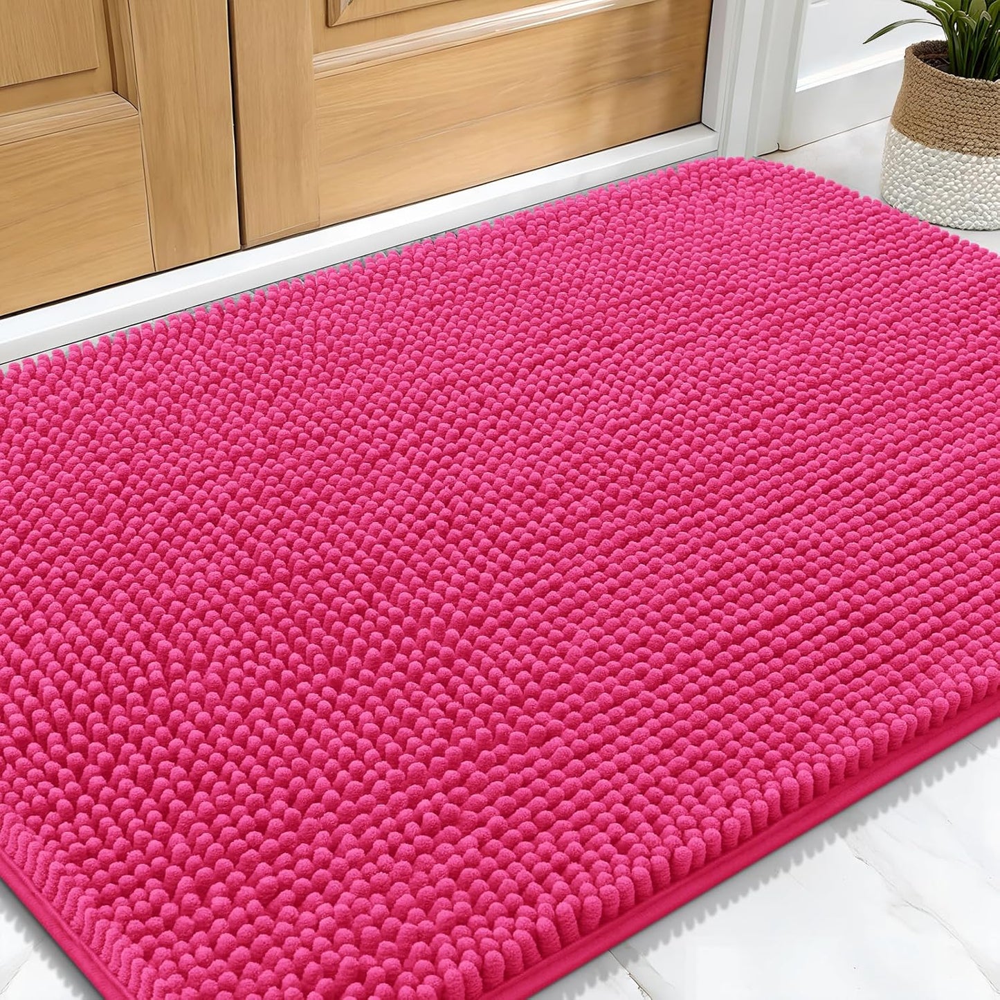 OLANLY Dog Door Mat for Muddy Paws 30x20, Absorbs Moisture and Dirt, Absorbent Non-Slip Washable Doormat, Quick Dry Chenille Mud Mat for Dogs, Entry Indoor Entryway Carpet for Inside Floor, Hot Pink