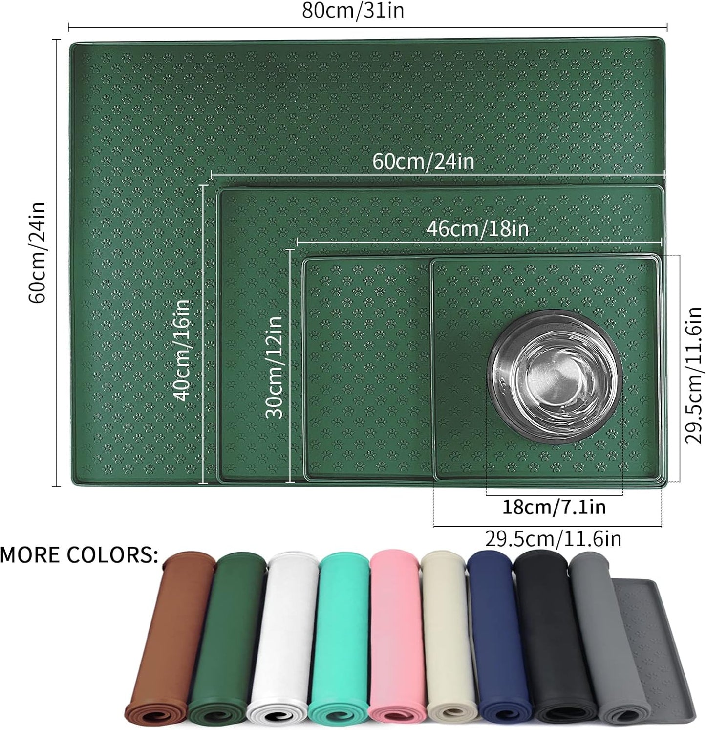 Ptlom Pet Placemat for Dog and Cat, Waterproof Silicone Pet Feeding Bowl Mats for Food and Water, Small Medium Large Dogs Mat Prevent Residues from Spilling to Floor, Hunter Green, 18" 12"