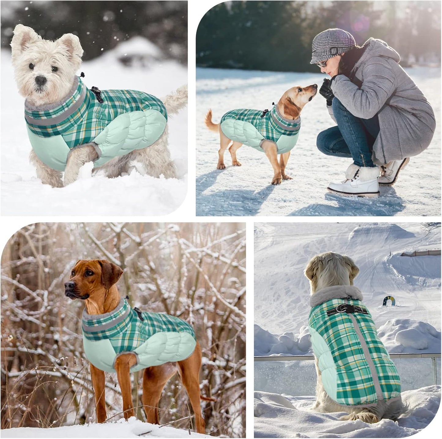 FUAMEY Dog Coat for Large Dogs,Waterproof Dog Winter Jacket with Harness Built in Puppy Cold Weather Coats Reflective Pet Vest with Zipper Warm Fleece Dogs Snowsuit Windproof Green Plaid XXL
