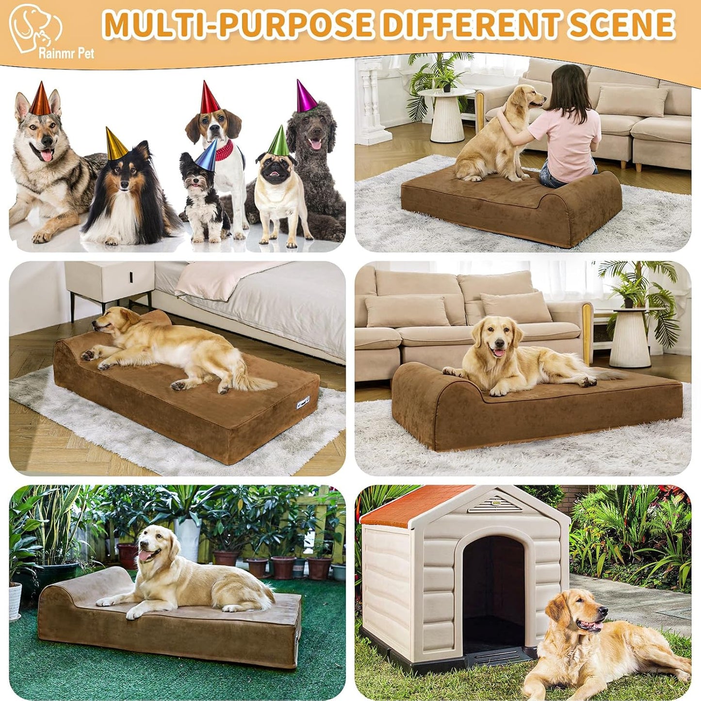 Large Orthopedic Dog Bed, 7" Memory Foam with Waterproof Liner, Chew Resistant Microsuede Cover, Removable and Washable, for Indoor, Outdoor, and Car Use, Nonskid Base, 52"x36" XL Brown