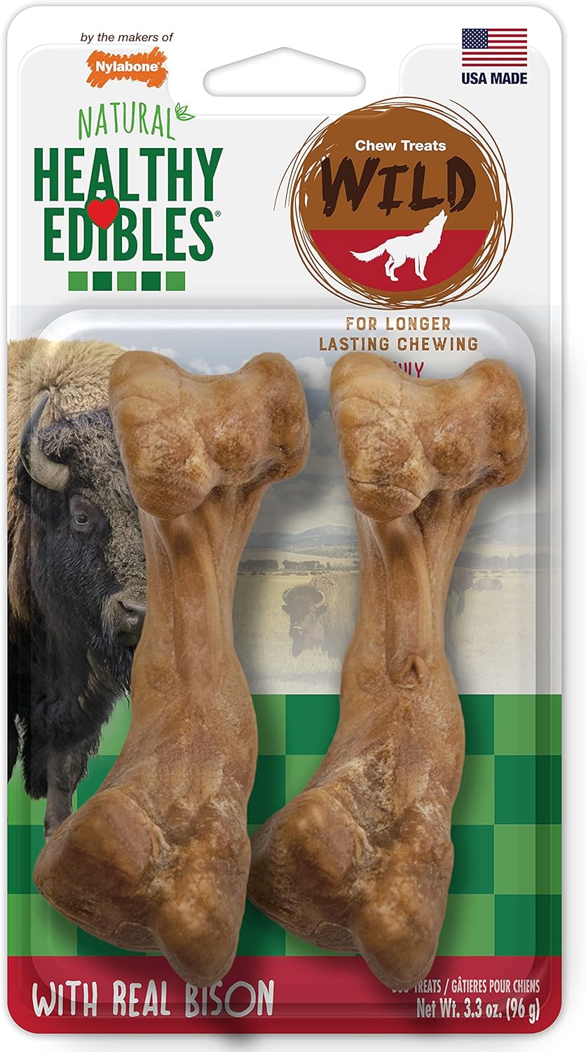 Nylabone Healthy Edibles WILD Natural Long-Lasting Bison Flavor Bone Chew Treats for Dogs, Medium (2 Count)