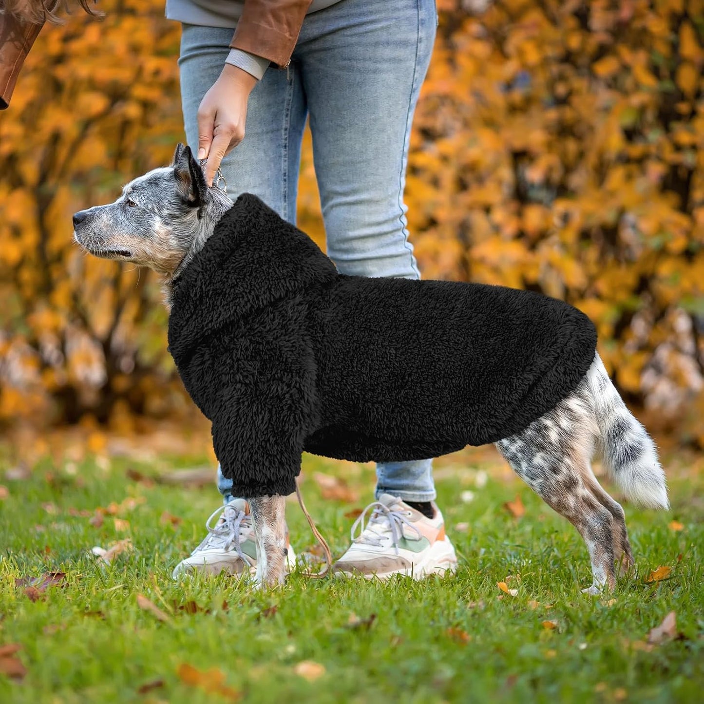 Fuzzy Dog Sweaters for Large Dogs Dog Hoodie Soft Double-Sided Plush Fleece Pet Sweater Clothes Coats Pet Hoodie Sherpa Hooded Sweatshirt(Black-XL)