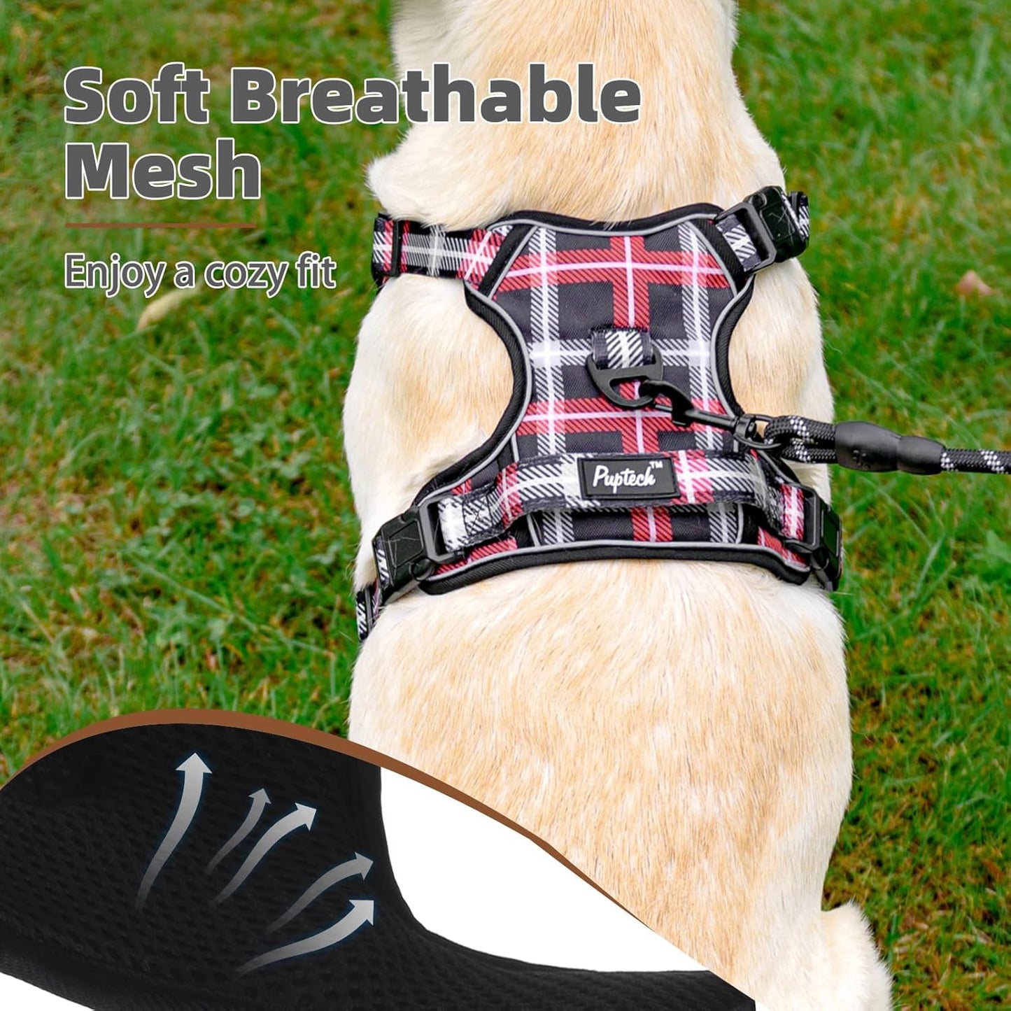PUPTECK No Pull Dog Harness Small Sized, Adjustable Reflective Dog Harness with Handle Easy Control, Comfortable Soft Padded Pet Vest Harness for Small Dogs, Plaid Black L