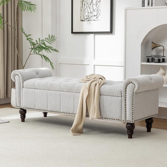 58’’ Storage Bench for Bedroom, Upholstered Button-Tufted Ottoman with Solid Wood Legs, Queen Size End of Bed Shoe Cabinet, Window Seat Foot Rest Stool for Entryway, Living Room (Silver)