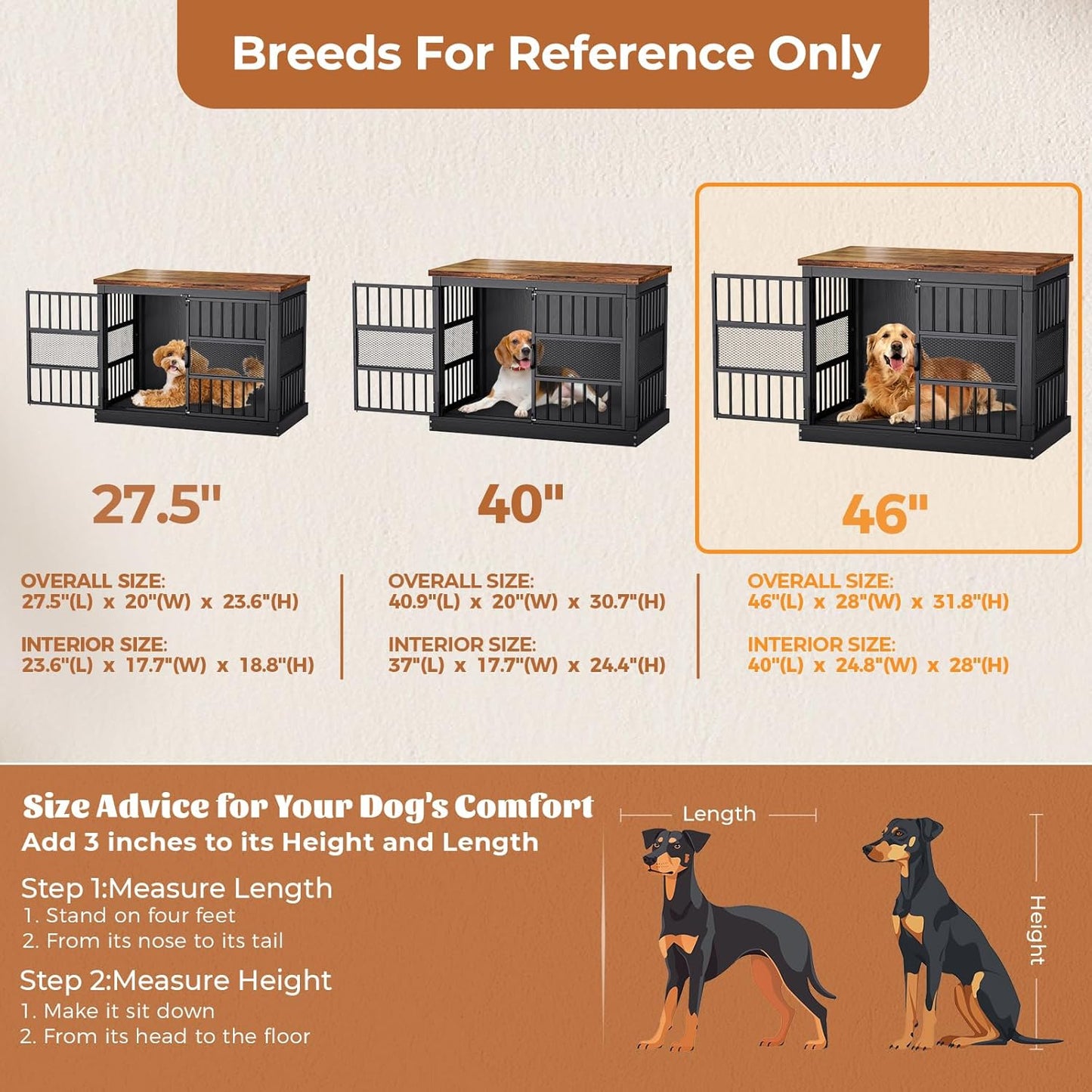 VOPEAK 46" Dog Crate Furniture, Chew Resistant Large Dog Crate for Medium Large Dogs, Heavy Duty XL Dog Crates Dog Kennel Cage Indoor with Double Doors, End Table for Bedroom Living Room, Black