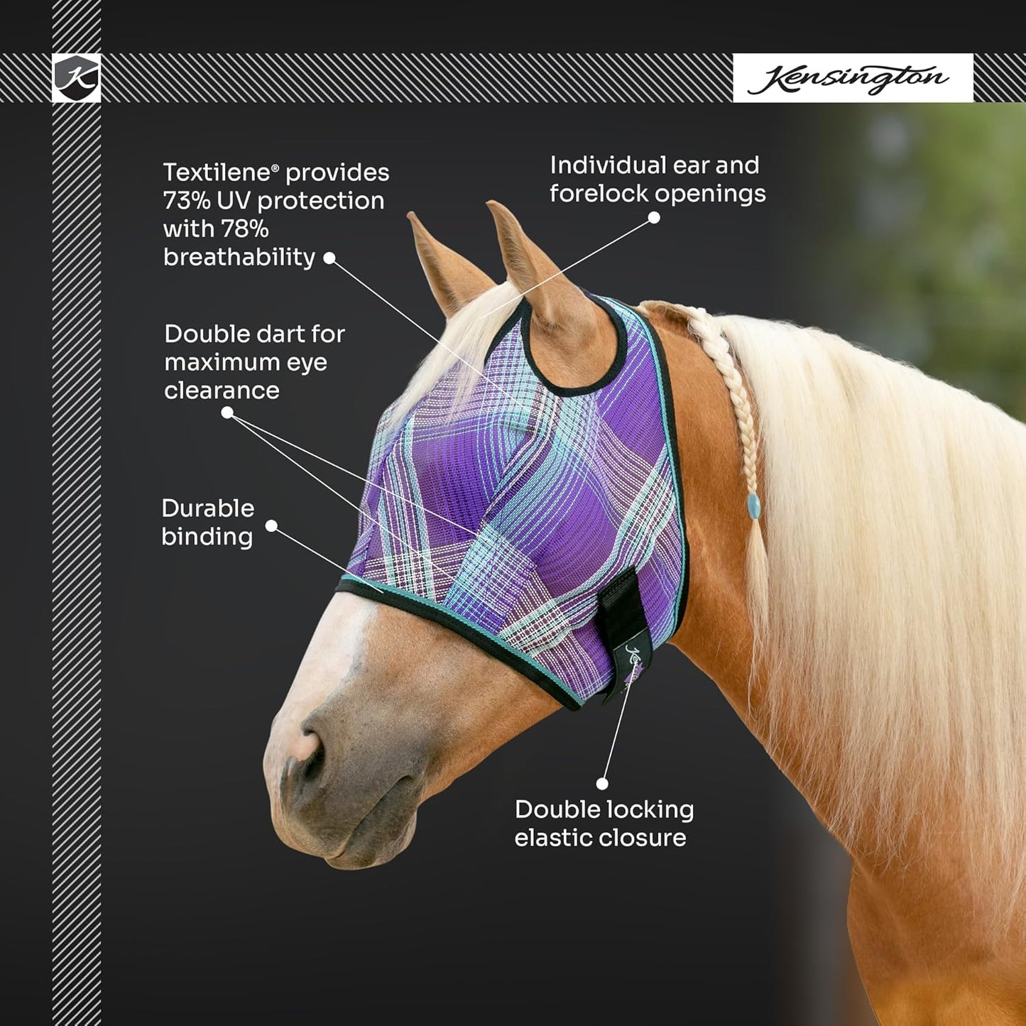 Kensington UV Horse Fly Mask with Web Trim - Protective Mask with Dual Ear Opening & Forelock Freedom - XLarge, Deluxe Black