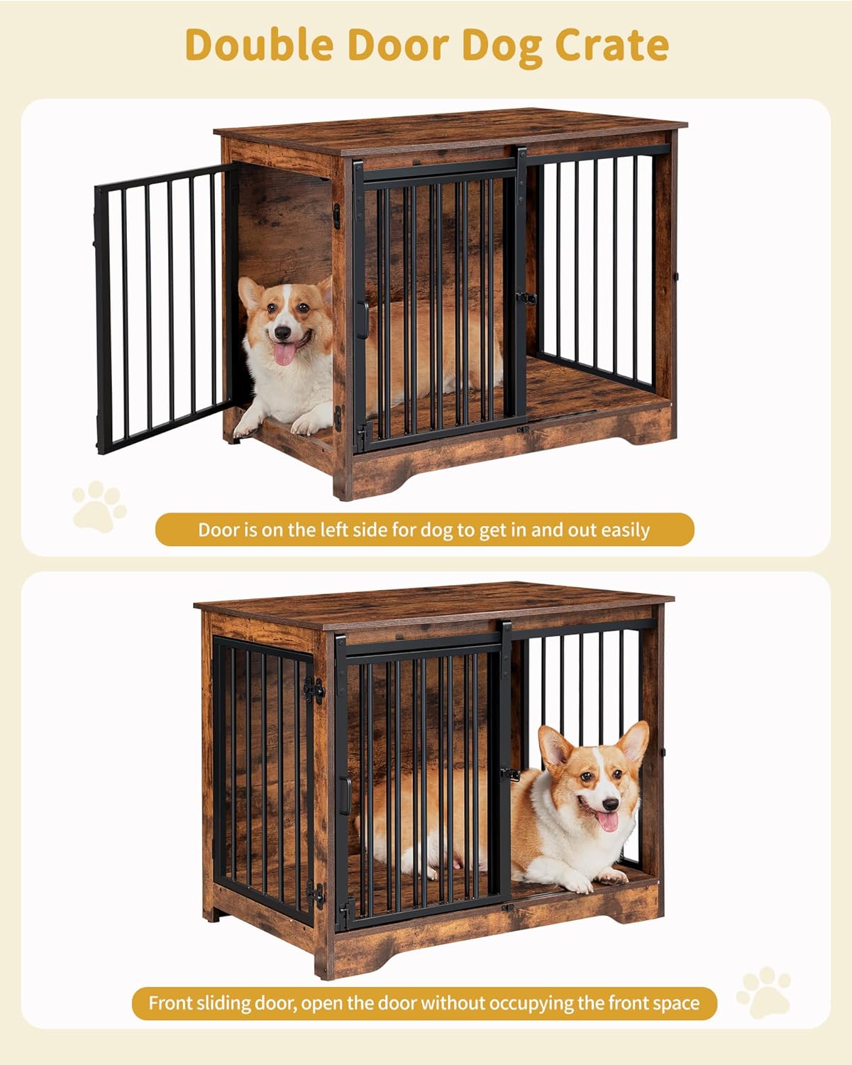 31.9" Dog Crate Furniture with Barn Door, Heavy Duty Dog Kennel Indoor with 2 Doors, Wooden Pet Cage End Table for Small Medium Dogs up to 44 lb, Anti-Chew Anti-Escape, Rustic Brown DFC83601B