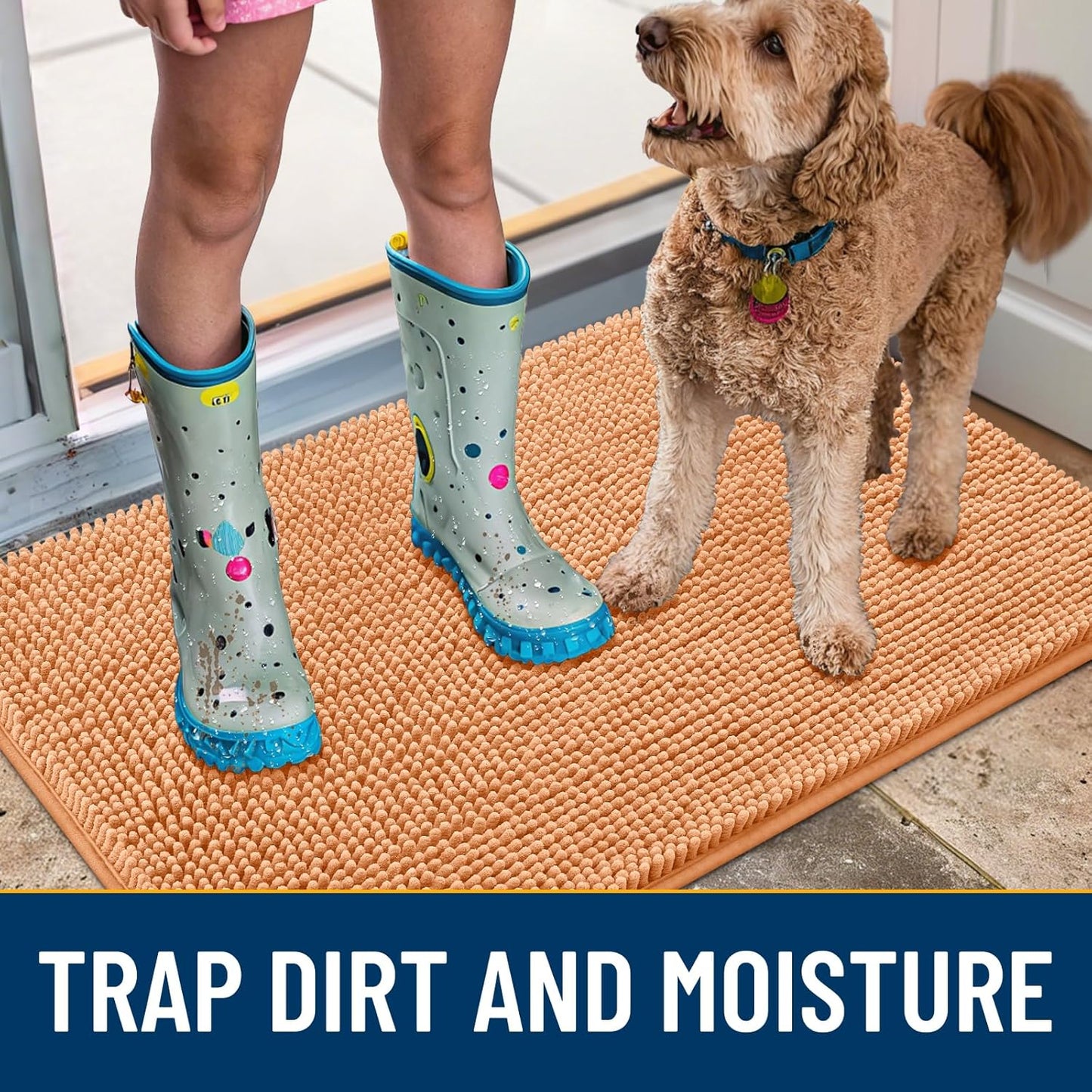 Smiry Dog Door Mat for Muddy Paws 36x24, Absorbs Moisture and Dirt Doormat, Non-Slip Washable Quick Dry Chenille Front Door Mat Indoor Entrance, Entryway Carpet for Inside Floor, Orange