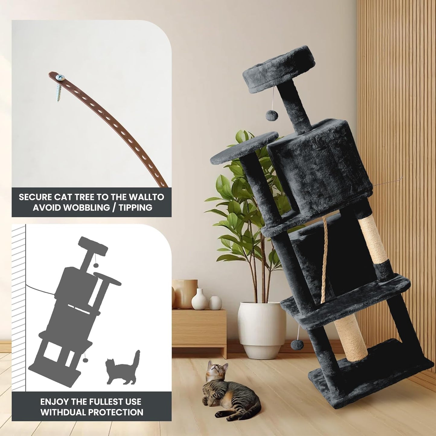 59in Large Cat Tree Tower for Indoor Cats with Soft Plush Hang Ball, Two Condos, Sisal Scratch Posts & Rope Play for Kittens/Adult Cats, New Dark Grey