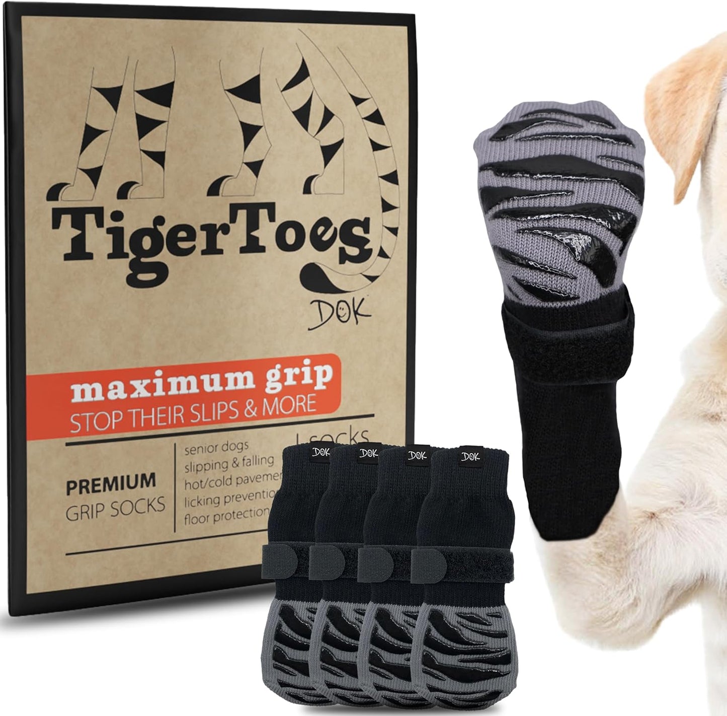 DOK TigerToes Premium Non-Slip Dog Socks for Hardwood Floors - Extra-Thick Grip That Works Even When Twisted - Prevents Licking, Slipping, and Great for Dog Paw Protection (X-Large)