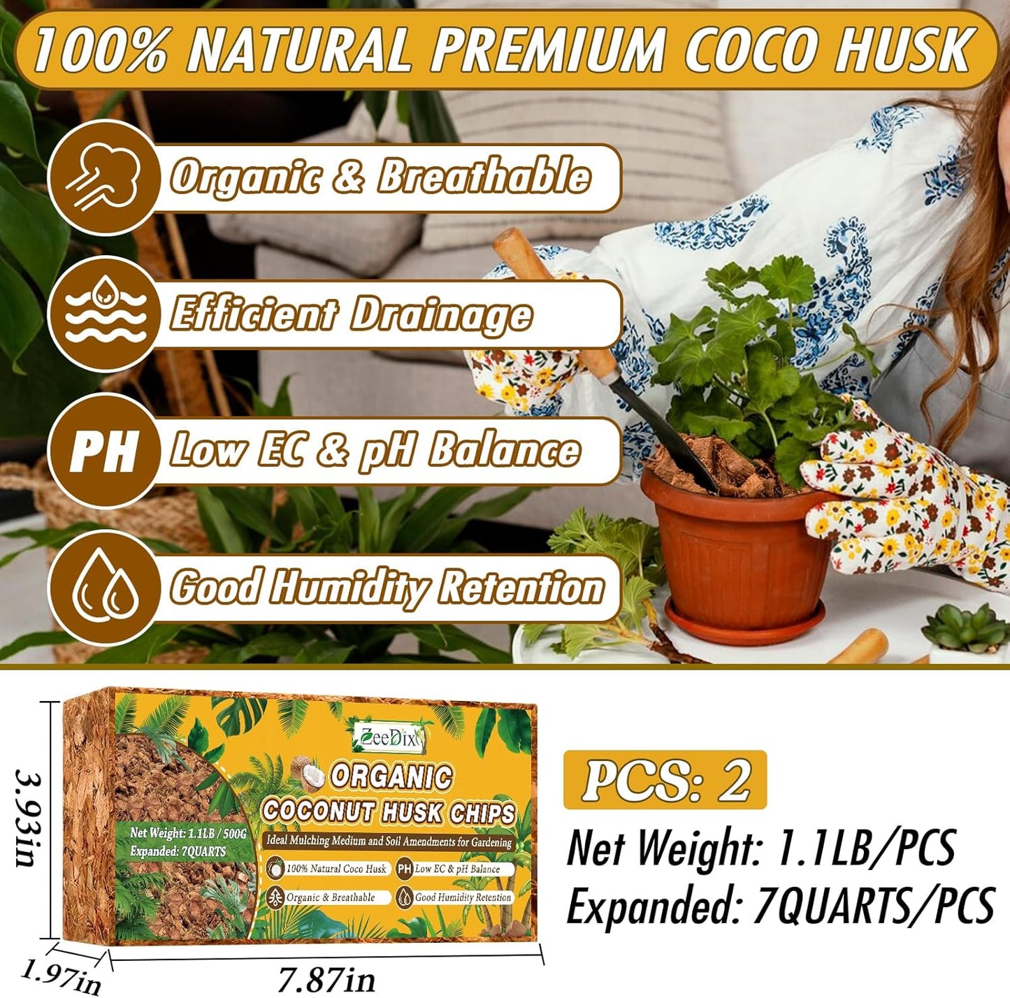Zeedix 2 Pack Coco Husk Chips for Plants(2.2LB), 100% Organic Coconut Chips Mulch with Low EC & PH Balance, All Purpose for Indoor Plant Flowers Herbs Vegetables, Reptiles Terrarium Tanks Substrate