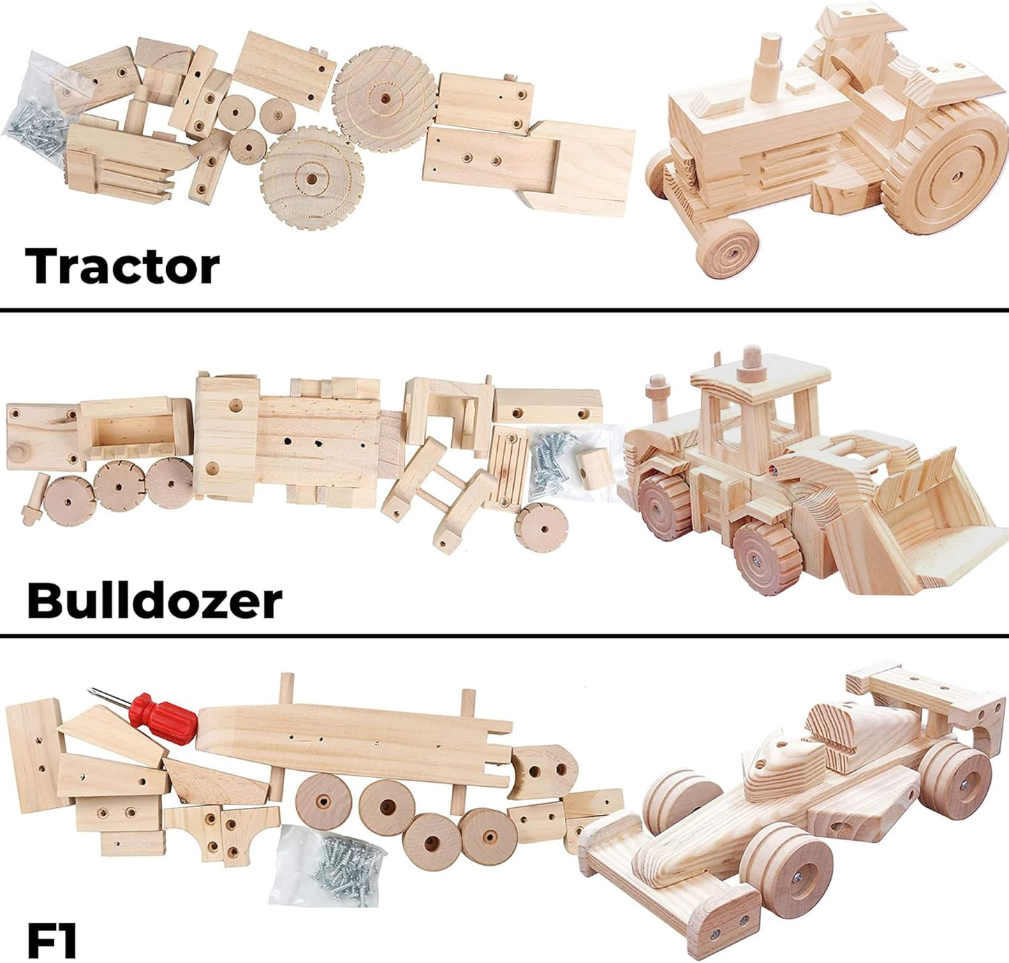 Kraftic Woodworking Building Kit for Kids, with 3 Educational DIY Carpentry Construction Wood Model Kit Toy Projects for Boys and Girls- Tractor, Bulldozer and Racing Car