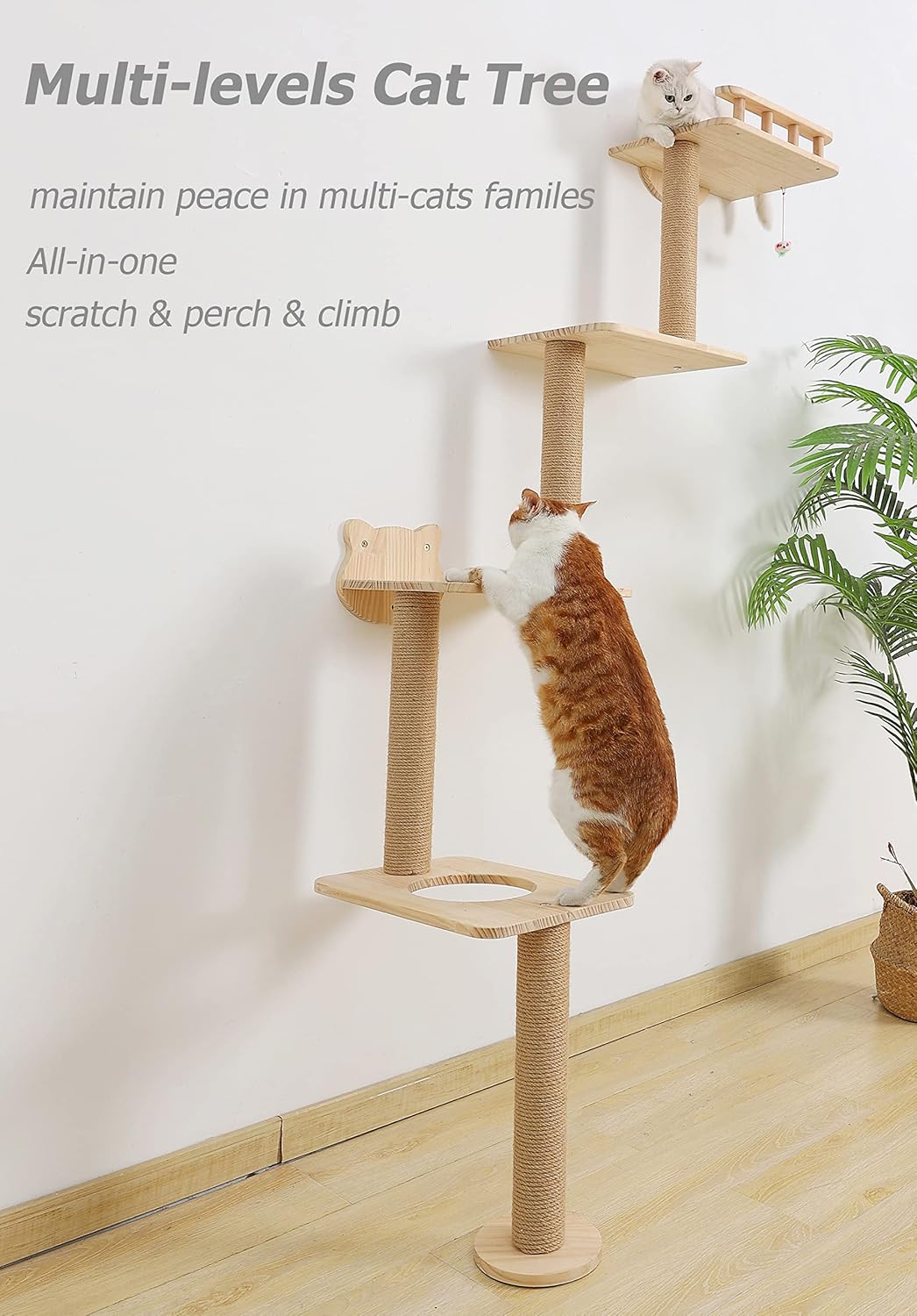 Cat Tree Wall Mounted with 4 Levels Shelves, 73" Wood Corner Tower Inside Kitten Playground for Climbing,Playing and Lounging (Left to Right)
