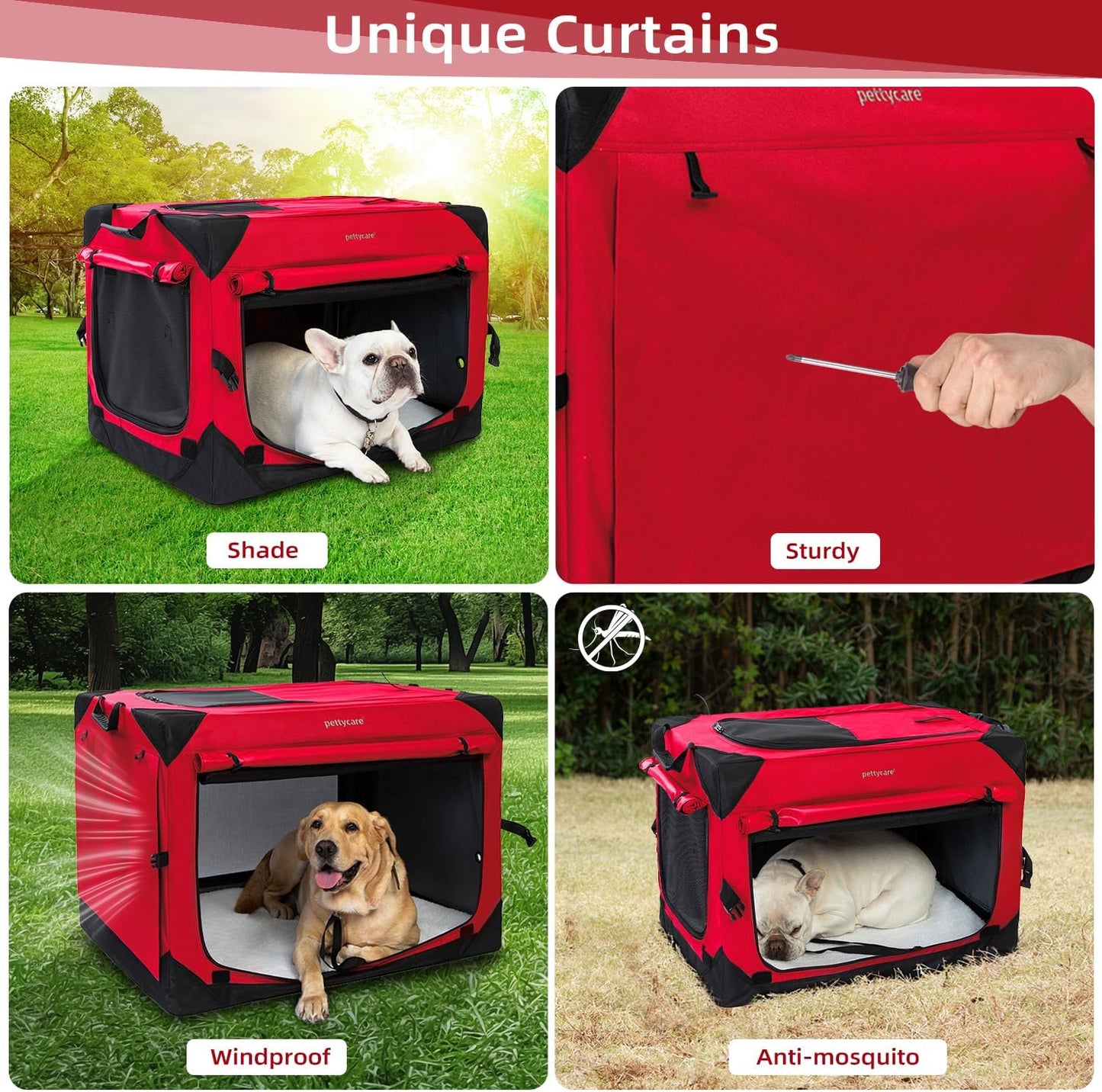 Pettycare 42 Inch Collapsible Dog Crate with Curtains Travel Dog Crate for Airflow and Calm Soft Pet Kennel with Portable Bag and More Chew Proof Mesh Indoor & Outdoor Red 4 Door Curtains