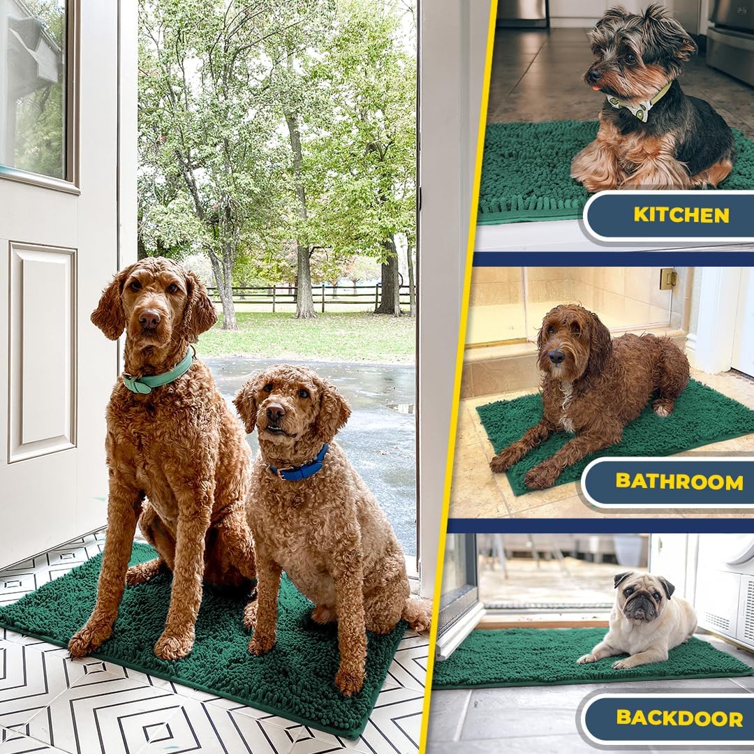 Muddy Mat® AS-SEEN-ON-TV Highly Absorbent Microfiber Dog Door Mat and Pet Rug, Non Slip Thick Washable Area and Bath Mat Soft Chenille for Kitchen Bathroom Bedroom and Indoor- Dark Green Large 35"X24"