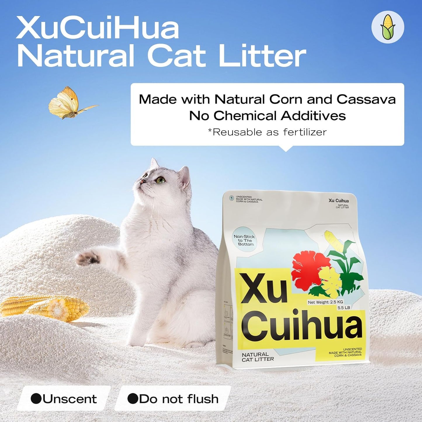 Natural Cat Litter Unscented, 100% Plant-Based, Strong Clumping Litter, Easy Scooping, Clumps Lift Cleanly, Low Dust, Corn & Cassava Litter, 5.5 LB