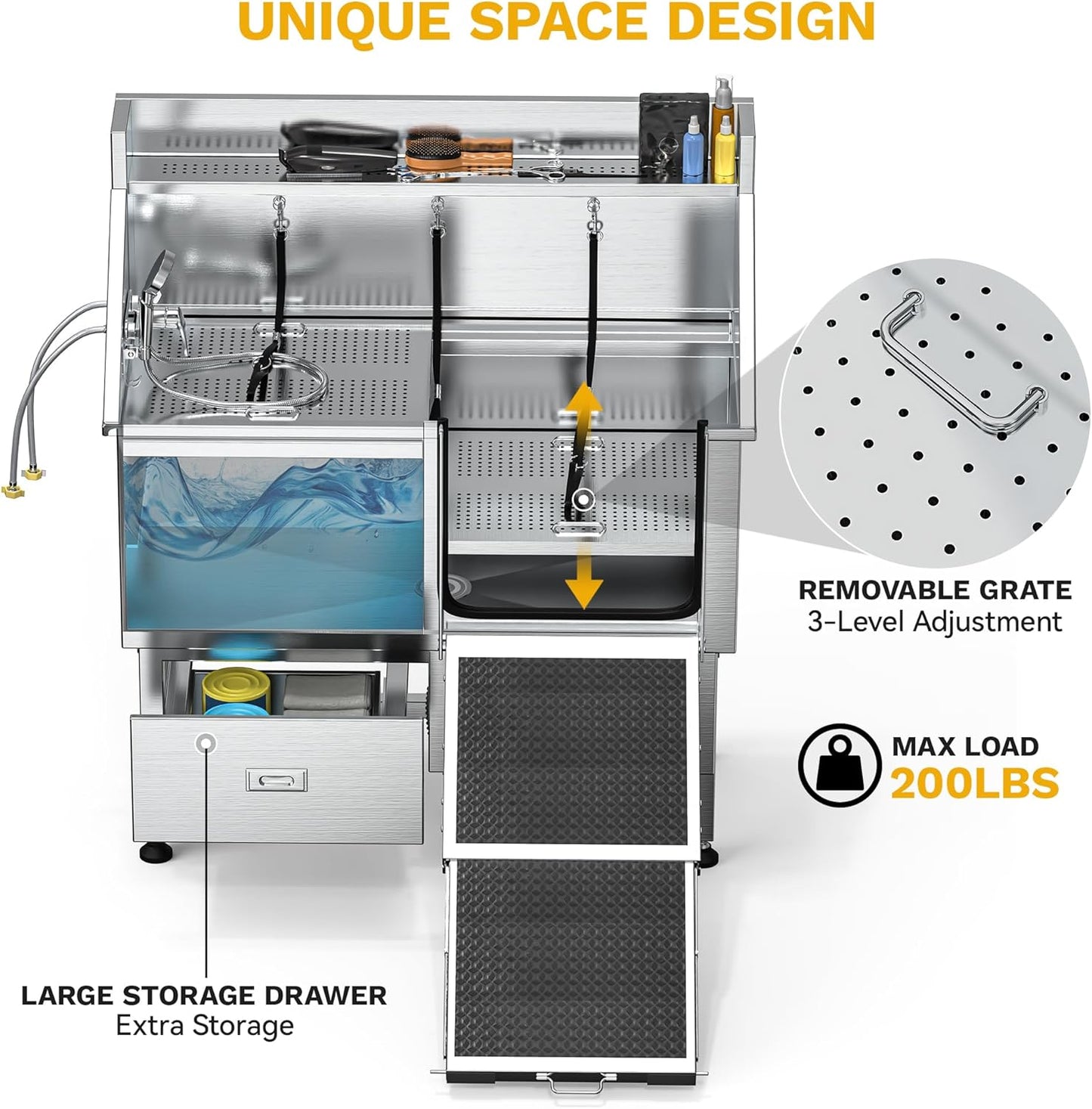 DWVO Professional Dog Bathing Station Stainless Steel 304 Dog Bathtub 50in for Grooming w/Left Door Ramp, 2 Storage Drawers, Faucet, Grate, Pet Washing Station for Large, Medium, Small Pets