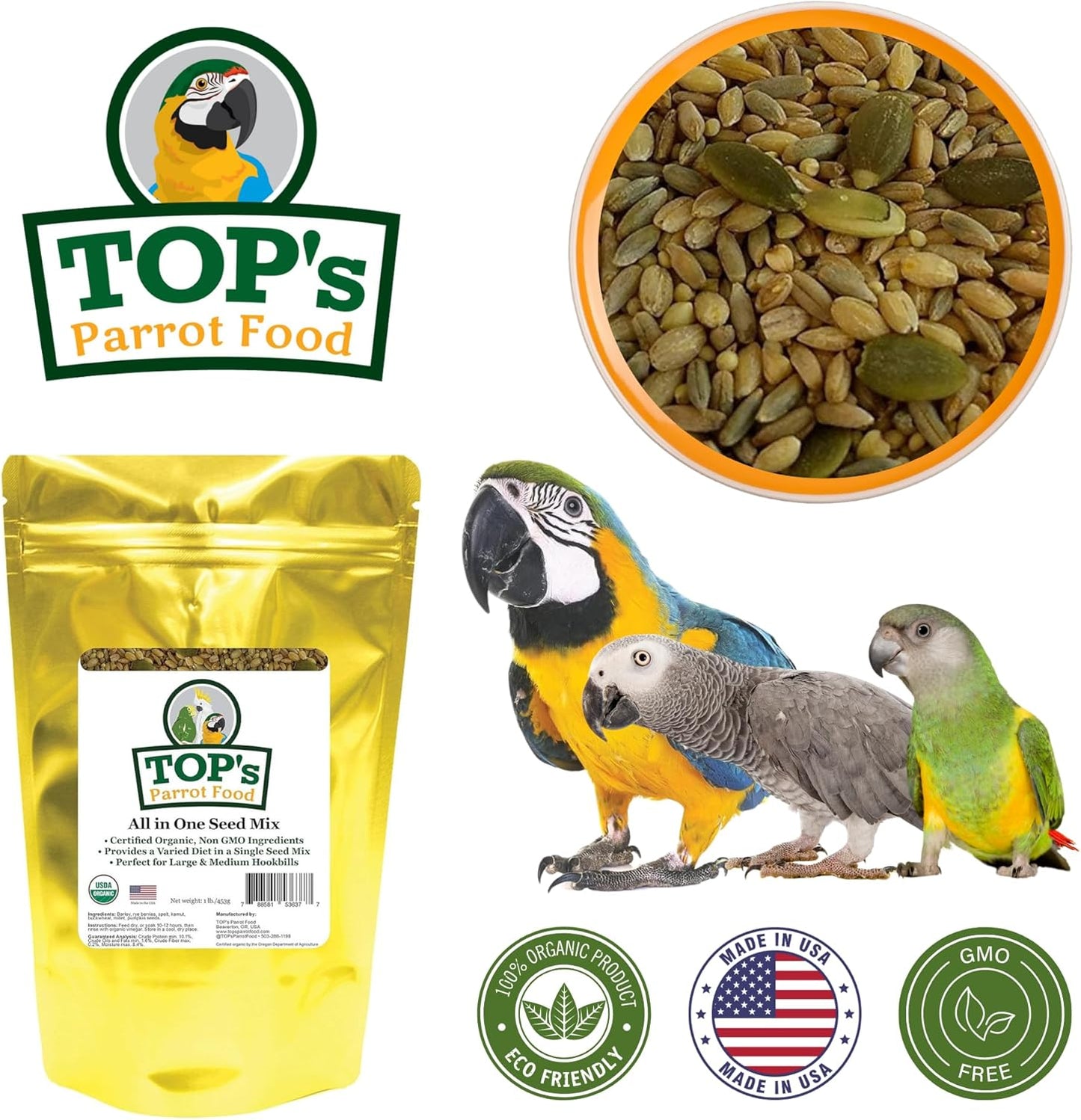 TOP's All in One Seed Mix for Large Birds, Non-GMO, Peanut Soy & Corn Free, USDA Organic Certified, 1lb