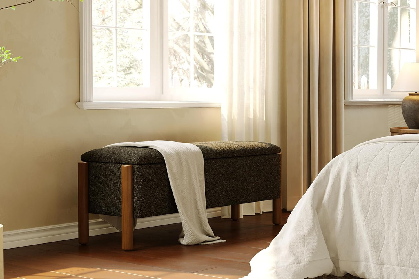 Modern Storage Benches with Walnut Wood Legs, 47'' Ottoman Bench with 20 Gallons Storage Space for Bedroom End of Bed, Fabric Upholstered Entryway Bench with Seating for Livingroom, Gray