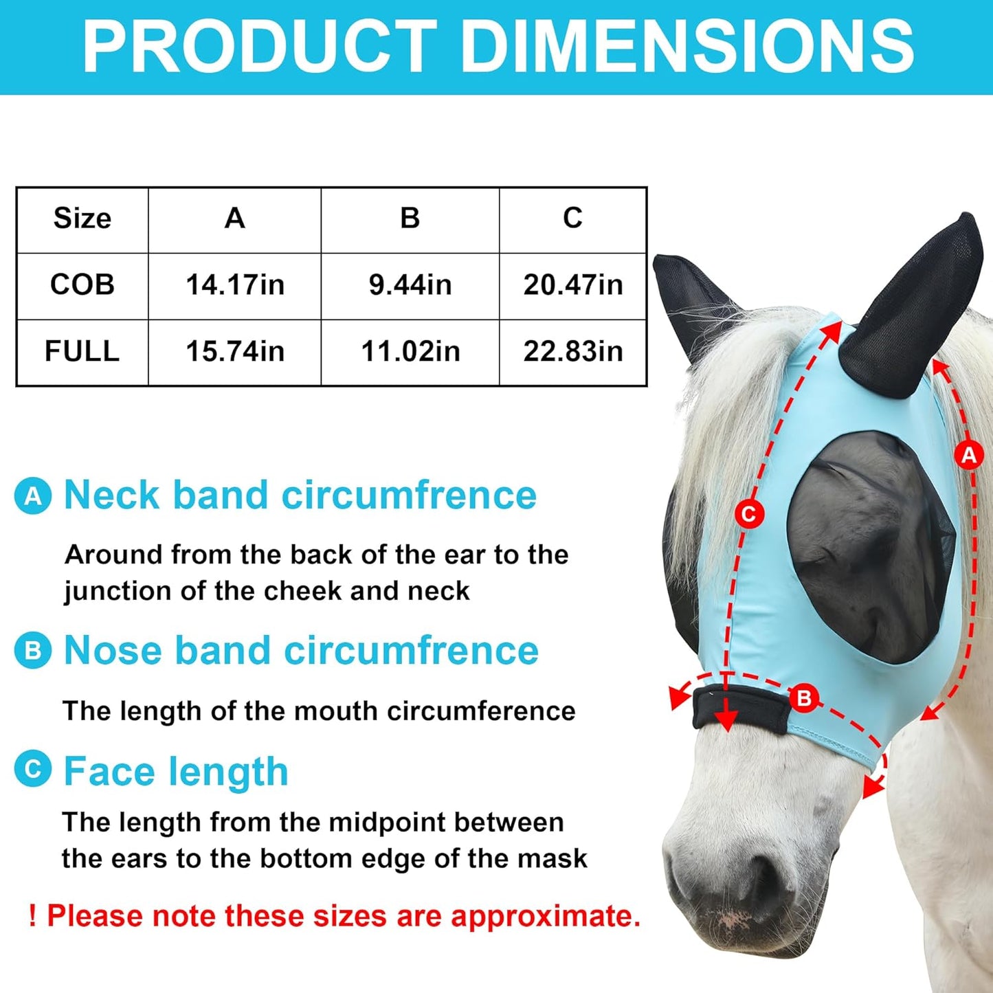 Stretchy Horse Fly Mask with Ears, Soft Lycra Equine Mesh Mask with UV Protection Face Cover, Pacific Blue, Full