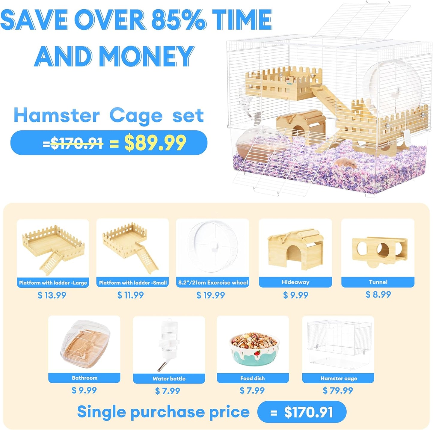 BUCATSTATE Hamster Cage Includes 8 in 1 Accessories, 3-Level Hamster Rat Cage and Habitats for Gerbil, Mice, Syrian Dwarf Hamster (24.4" L x 13.8" W x 16.9" H)