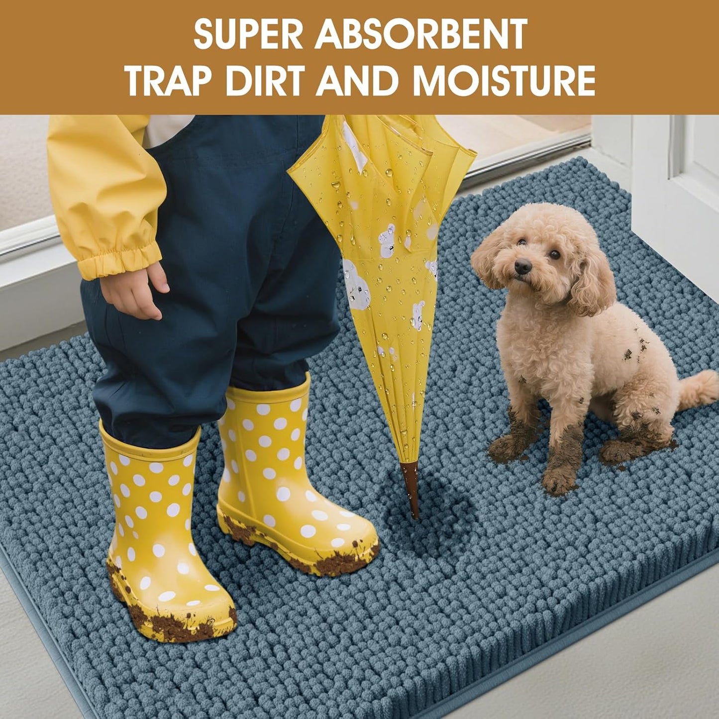 Dog Door Mats for Muddy Paws, Chenille Absorbent Dog Mats, Non Slip Heavy Mud Mat for Dogs, Soft Pet Mat for Entryway, Mud Paws, Inside Floor,48" x 38", Dusty Blue