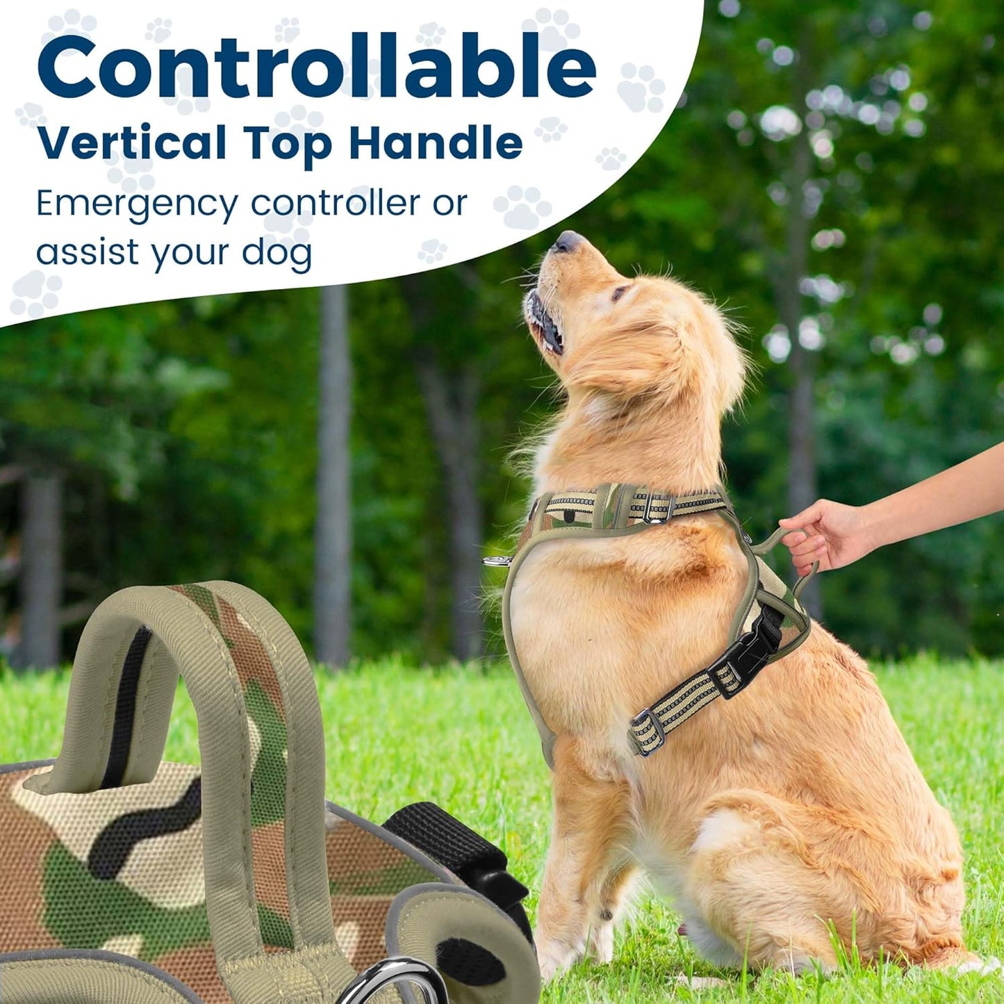 Funfox Dog Harness No Pull, Adjustable Pet Vest Harness, Super Soft Material with Vertical Handle Easy Control, Reflective Night Walking, 2 Leash Clips for XLarge Dogs, Camo Green, XL