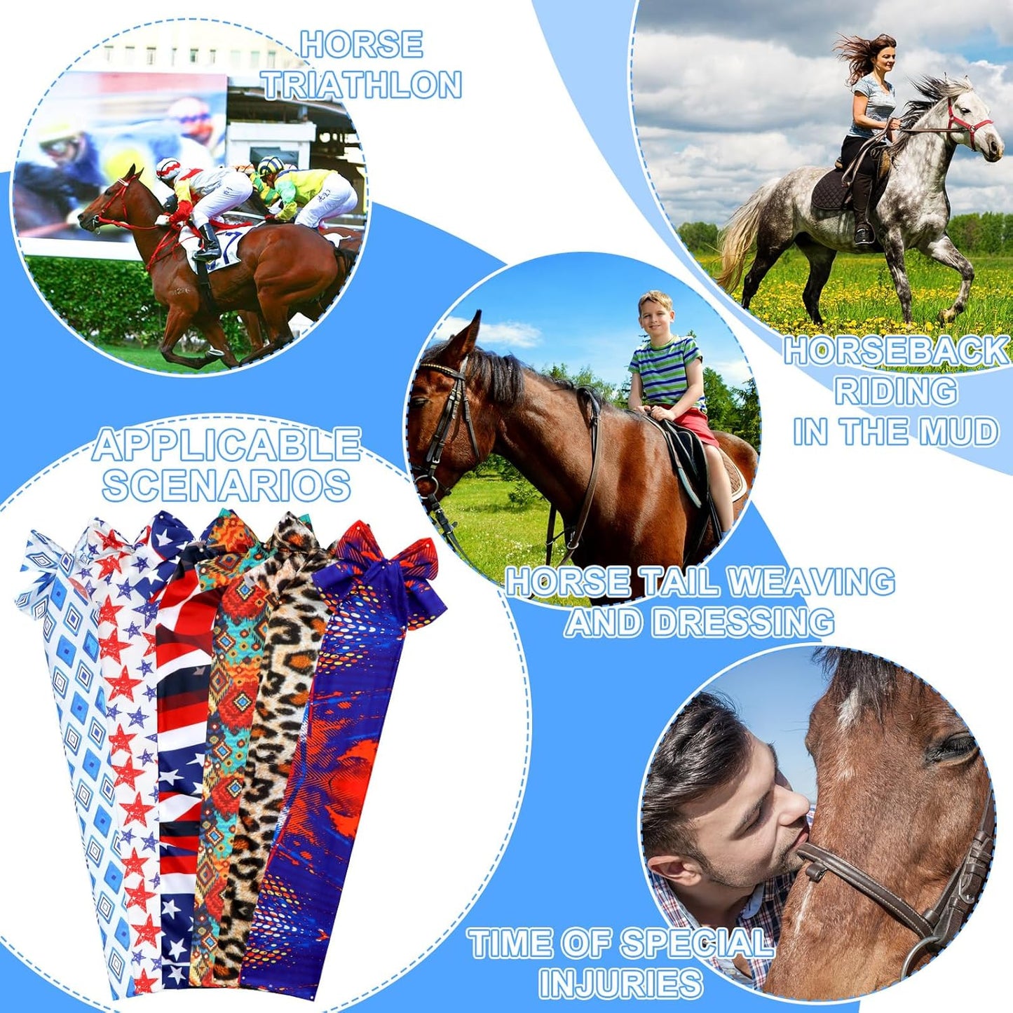 6 Pcs Horse Tail Bag Breathable Guard 22" Slip on Horse Care Tail Wrap 2 Strand Closure Straps Grooming Supplies to Keep from Dirt Breakage Rubbing 6 Designs(Aesthetic Style)