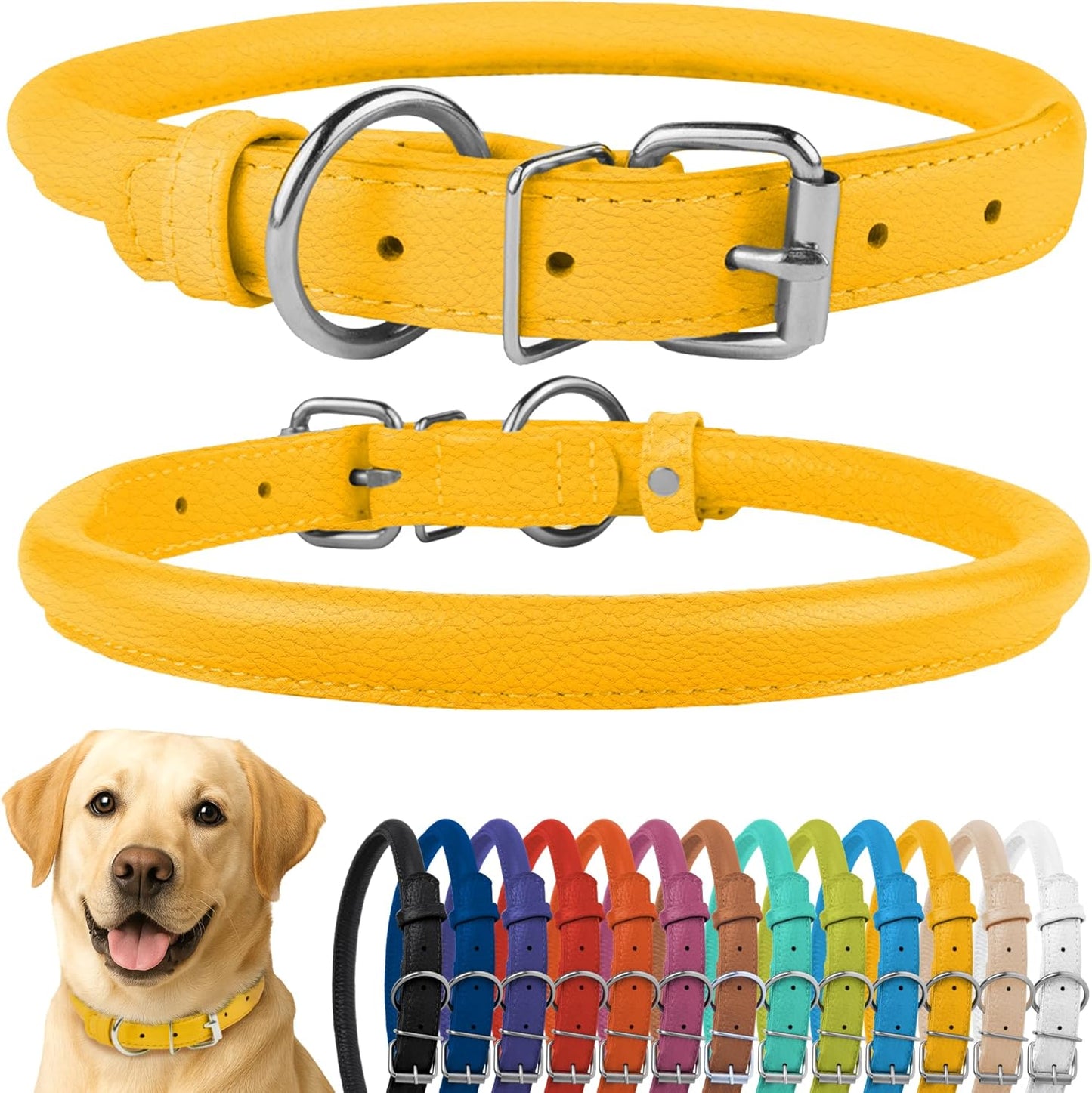 CollarDirect Rolled Leather Dog Collar, Soft Padded Round Puppy Collar, Handmade Genuine Leather Collar Dog Small Large Cat Collars 13 Colors (15-19 Inch, Yellow Textured)