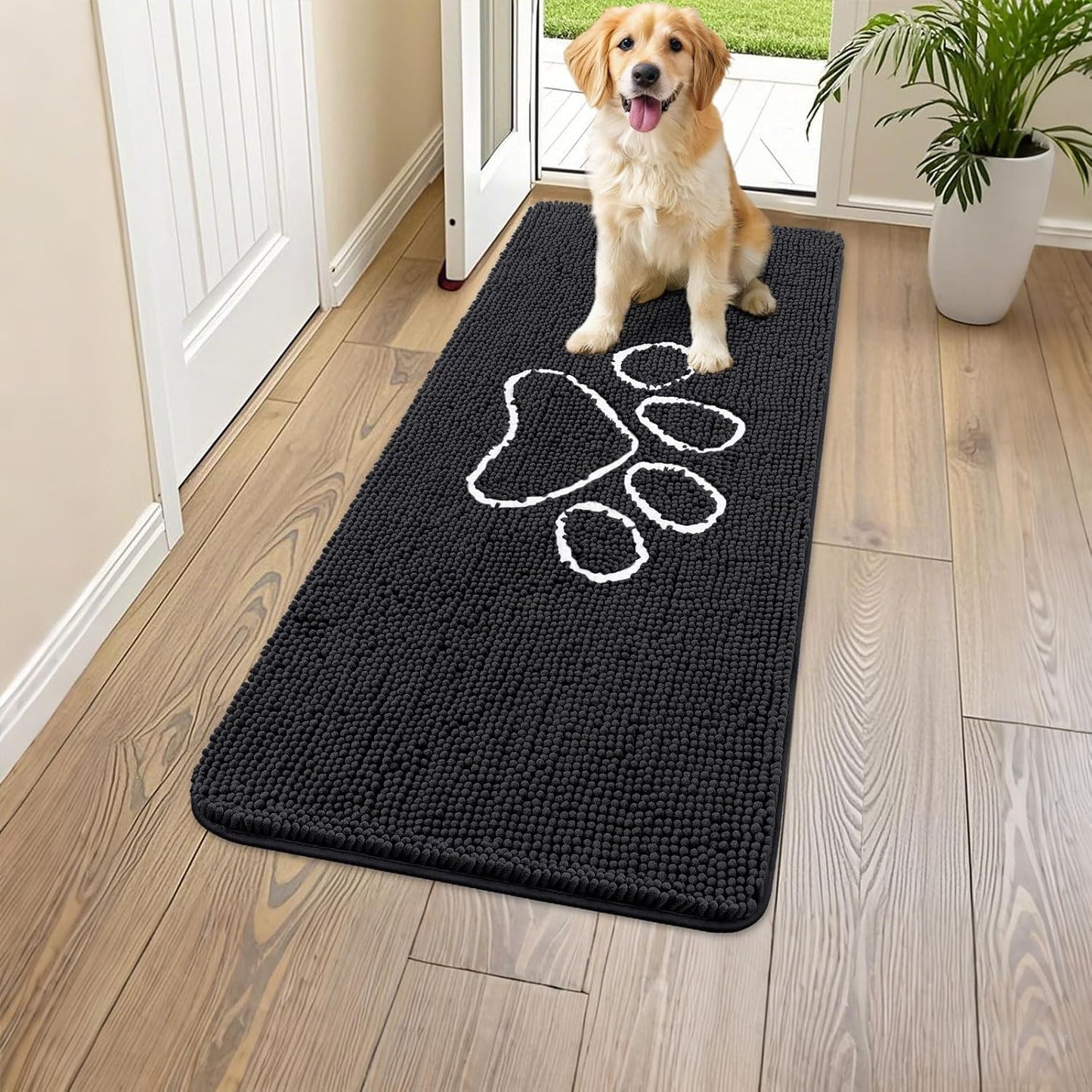 Smiry Dog Door Mat for Muddy Paws, Absorbent Dirt Trapper Non Slip Quick Dry Washable Chenille Mat for Mud Dogs, Entry Rug for Indoor and Outdoor (47x24 Inches, Black)