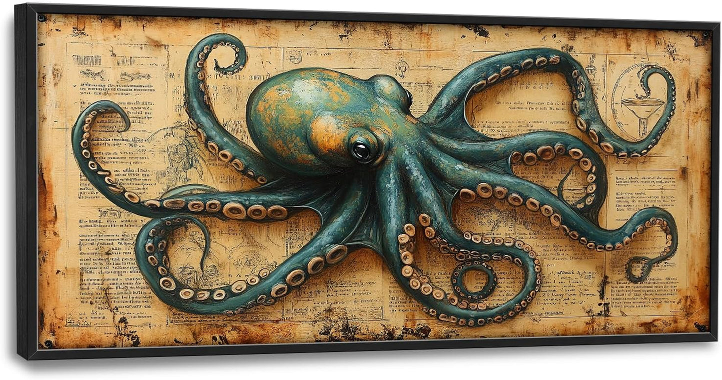 Large Octopus Nautical Wall Art for Living Room, Vintage Ocean Canvas Oversized Wall Decor, Rustic Sea Animal Framed Pictures Painting Print Artwork for Bedroom Office 60"L x 30"W