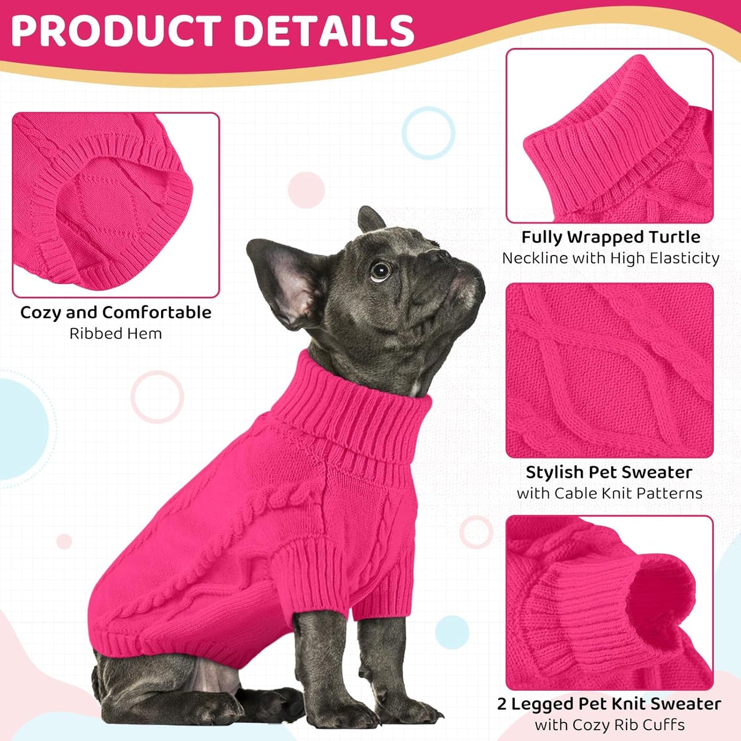 Queenmore Small Dog Pullover Sweater, Cold Weather Cable Knitwear, Classic Turtleneck Thick Warm Clothes for Chihuahua, Bulldog, Dachshund, Pug (Fuchsia, X-Small)