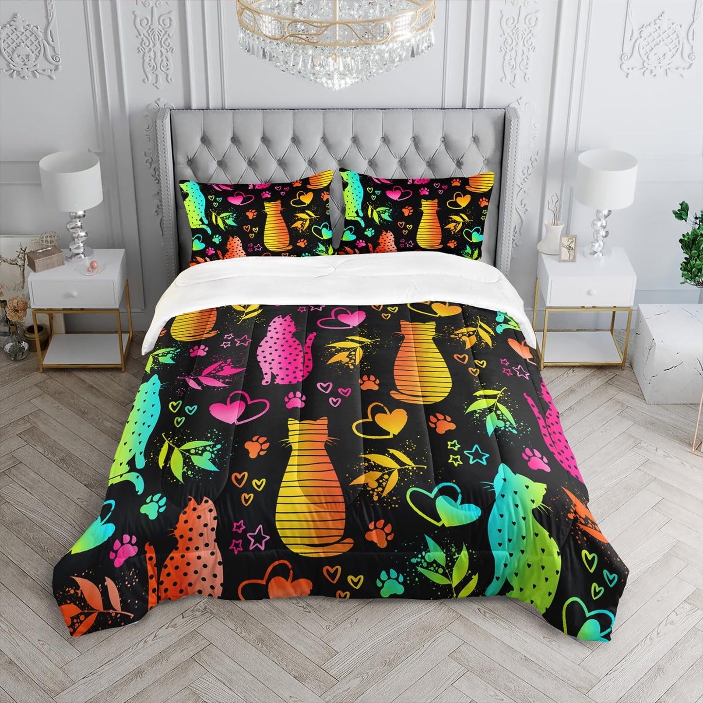 Kawaii Cat Animal Comforter 3Pcs Queen Lovely Pet Cat Bedding Set for Kid Teen Girl Boy Adult Room Decor Cartoon Kitten Paw Heart Bamboo Leaf Pattern Quilt with 1 Comforter and 2 Pillowcases