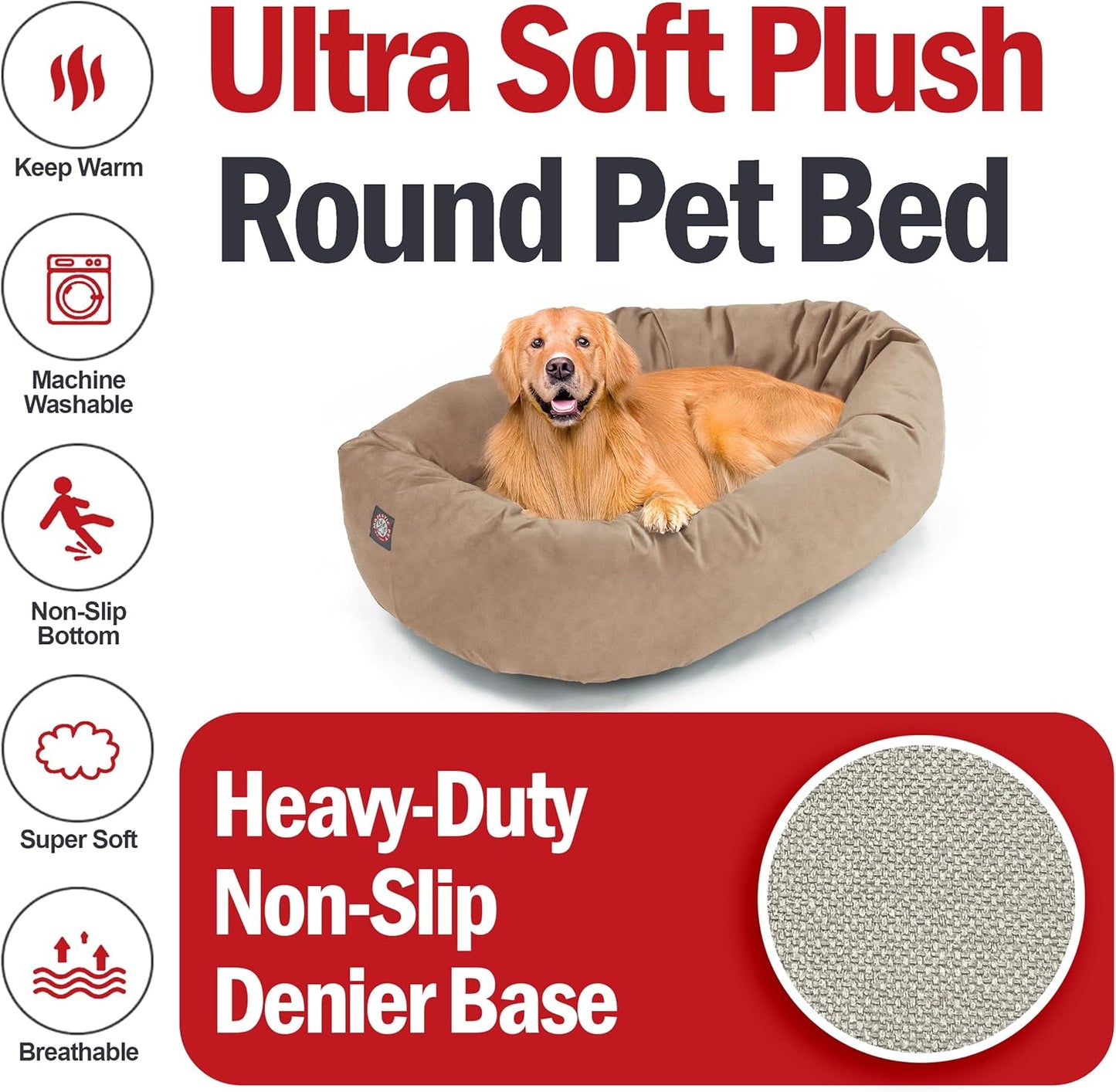 Majestic Pet 40 Inch Suede Shredded Memory Foam Mix Calming Large Dog Bed Washable 40 x 29 x 9 (Inch) - Cozy Soft Round Donut Dog Bed with Spine for Head Support - Pet Bed Stone