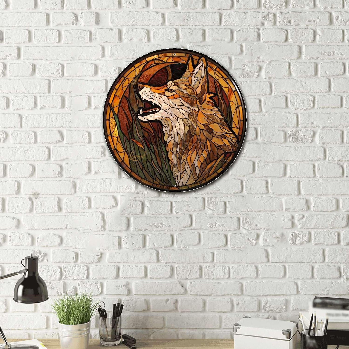 Lygond Metal Sign Tin Sign Circular Stained Glass Coyote Gardening Poster for Home Decor 8×8 Inches