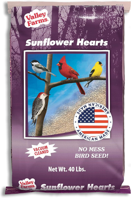 Valley Farms Whole Sunflower Hearts for Birds (40 LB) No Mess Bird Seed for Outside Feeders, Attract Finches, Cardinals, & More Wild Birds, Very Clean Sunflower Seeds