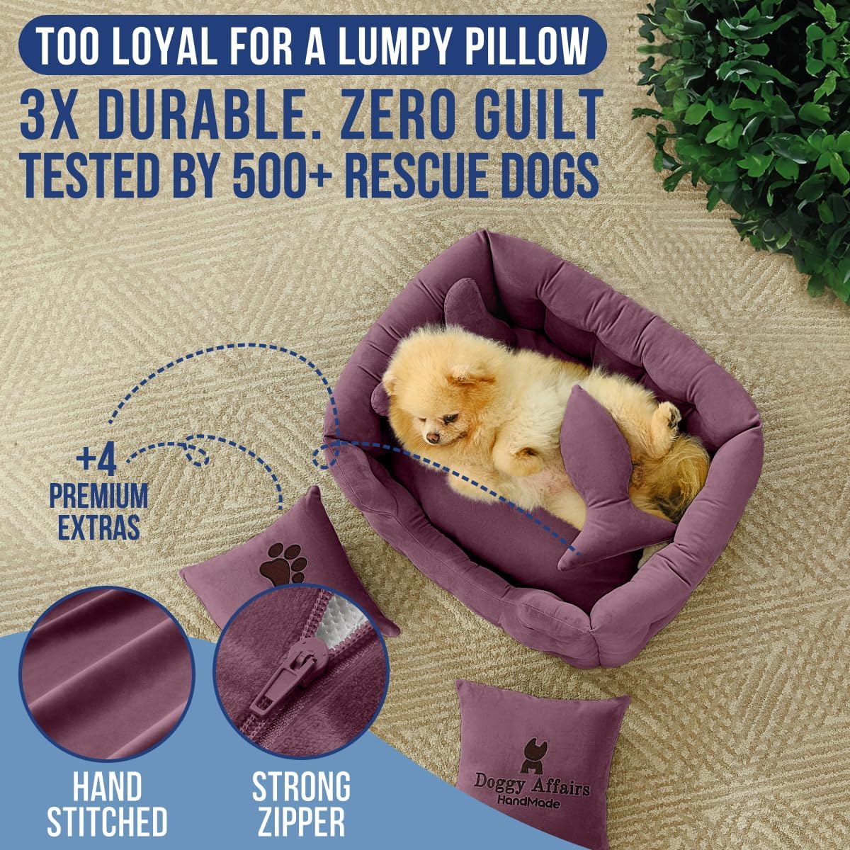 Luxury Dog Bed Chesterfield – Handcrafted Velvet Throne for Dogs | Joint Support, Calming & Temp-Regulating Comfort | Durable 5+ Years, Anti-Claw, Washable 100+ Times – XS, Purple