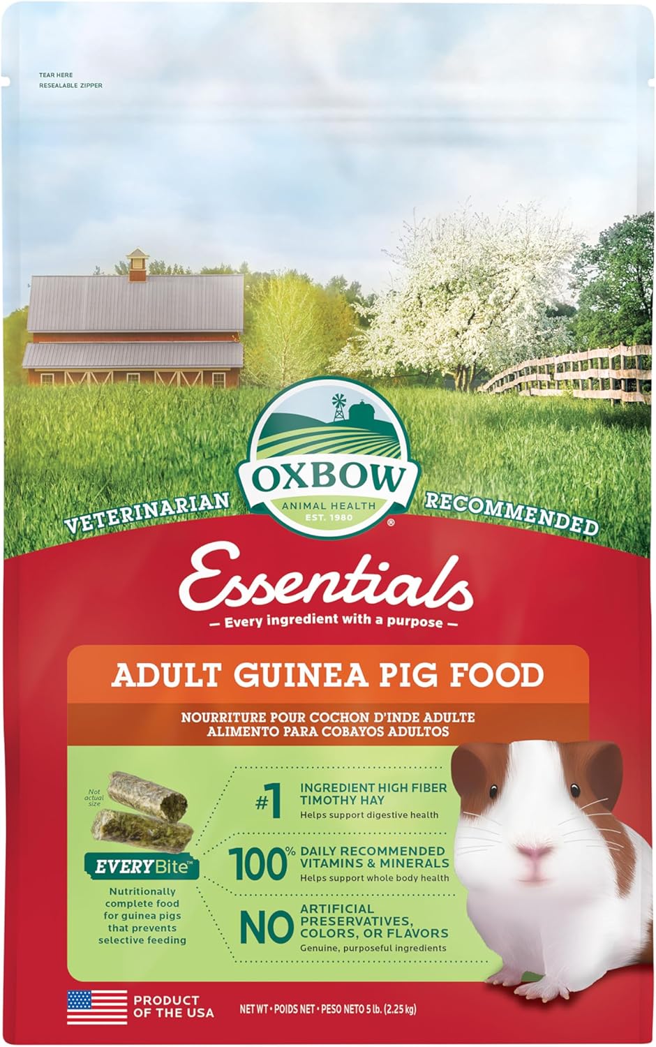Oxbow Essentials Guinea Pig Food, Adult Guinea Pig, Made with Oxbow Timothy Hay, Pet Food Pellets with Vitamin C, Small Animal Pet Products, Made in USA, High Fiber, 5 lb. bag