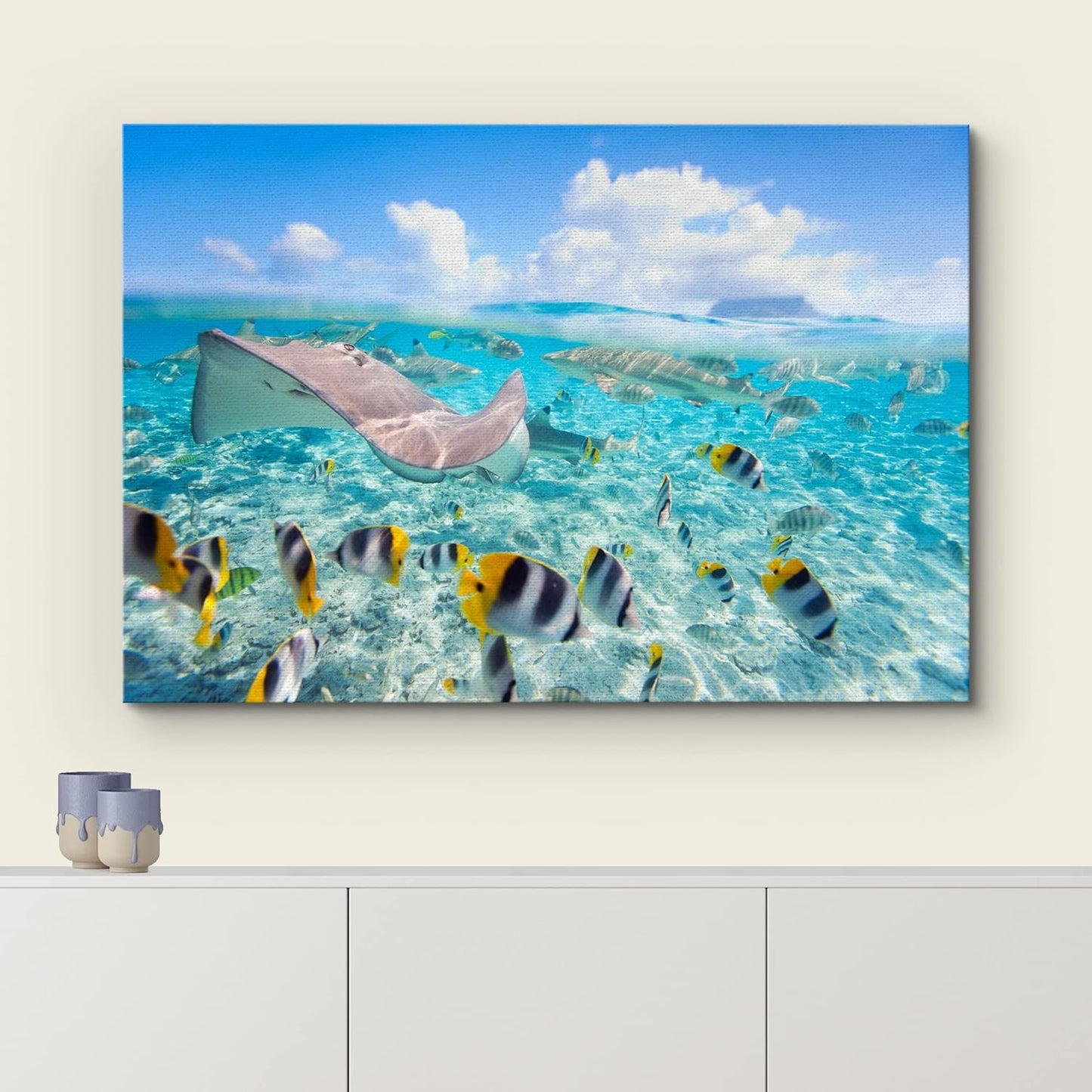wall26 Canvas Print Wall Art Stingray & Striped Fish Under The Sea Nature Ocean Photography Realism Nautical Scenic Relax/Calm Multicolor Ultra for Living Room, Bedroom, Office - 16"x24"