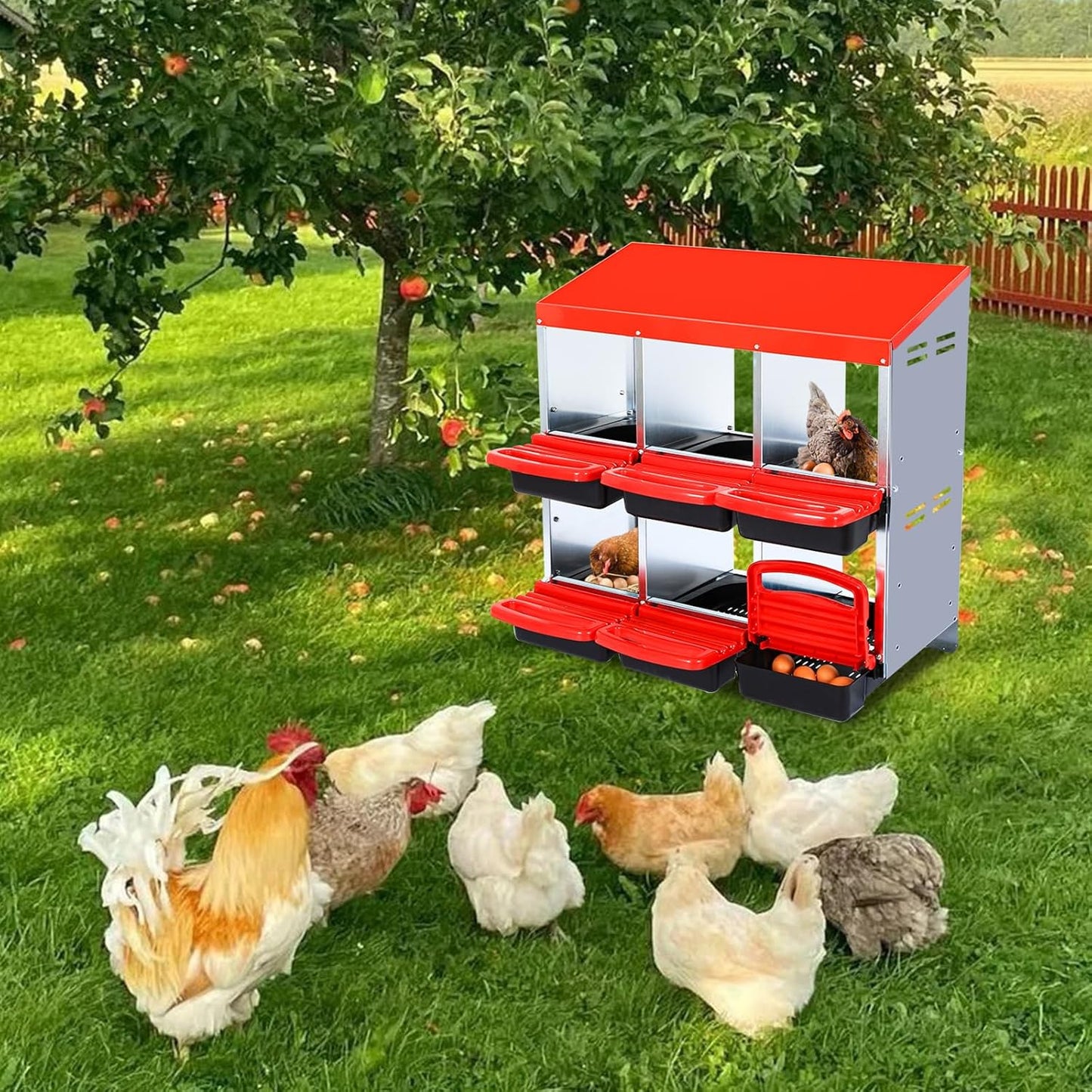 Nesting Boxes for Chickens, Chickens Laying Boxes for Chicken Coop, 6 Compartments Chicken Nesting Boxes, with Removable Tray, Easy Cleaning, for Hens Outdoor Chicken Coop Farm Yard, Red
