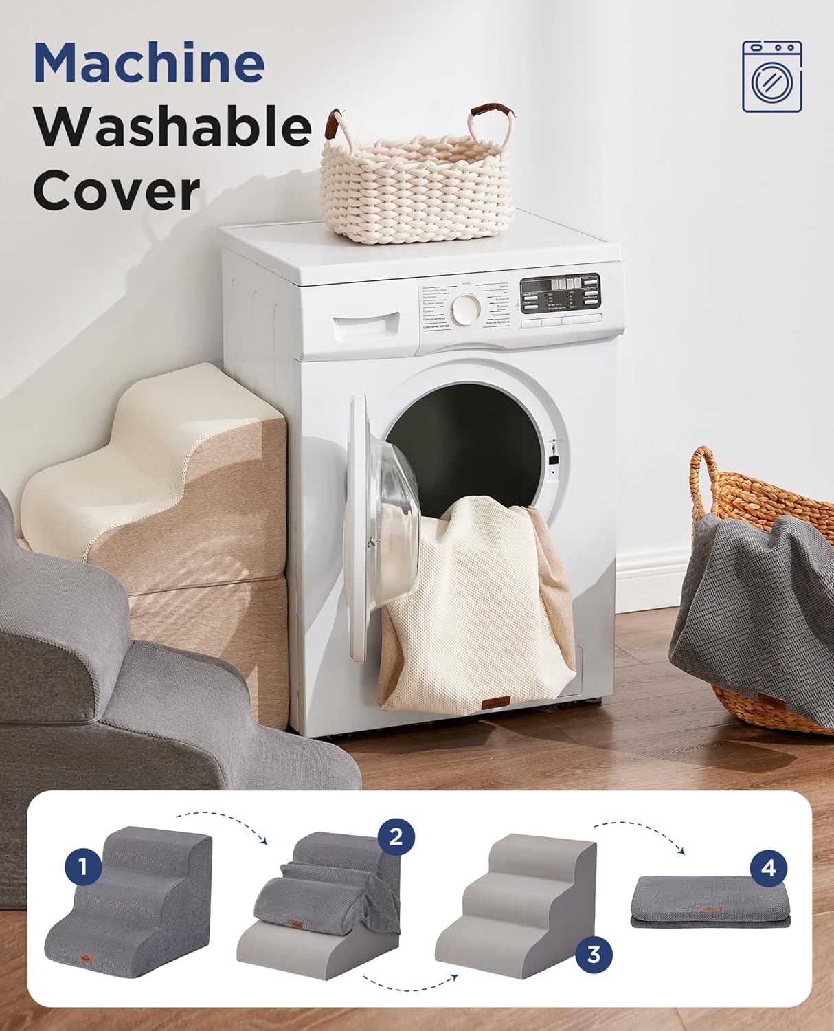 Beige Curved Dog Stairs Ramp for High Beds 28.7" H, 5-Step Dog Steps for Small Dogs and Cats, Pet Stairs for High Bed Climbing, Non-Slip Balanced Pet Step