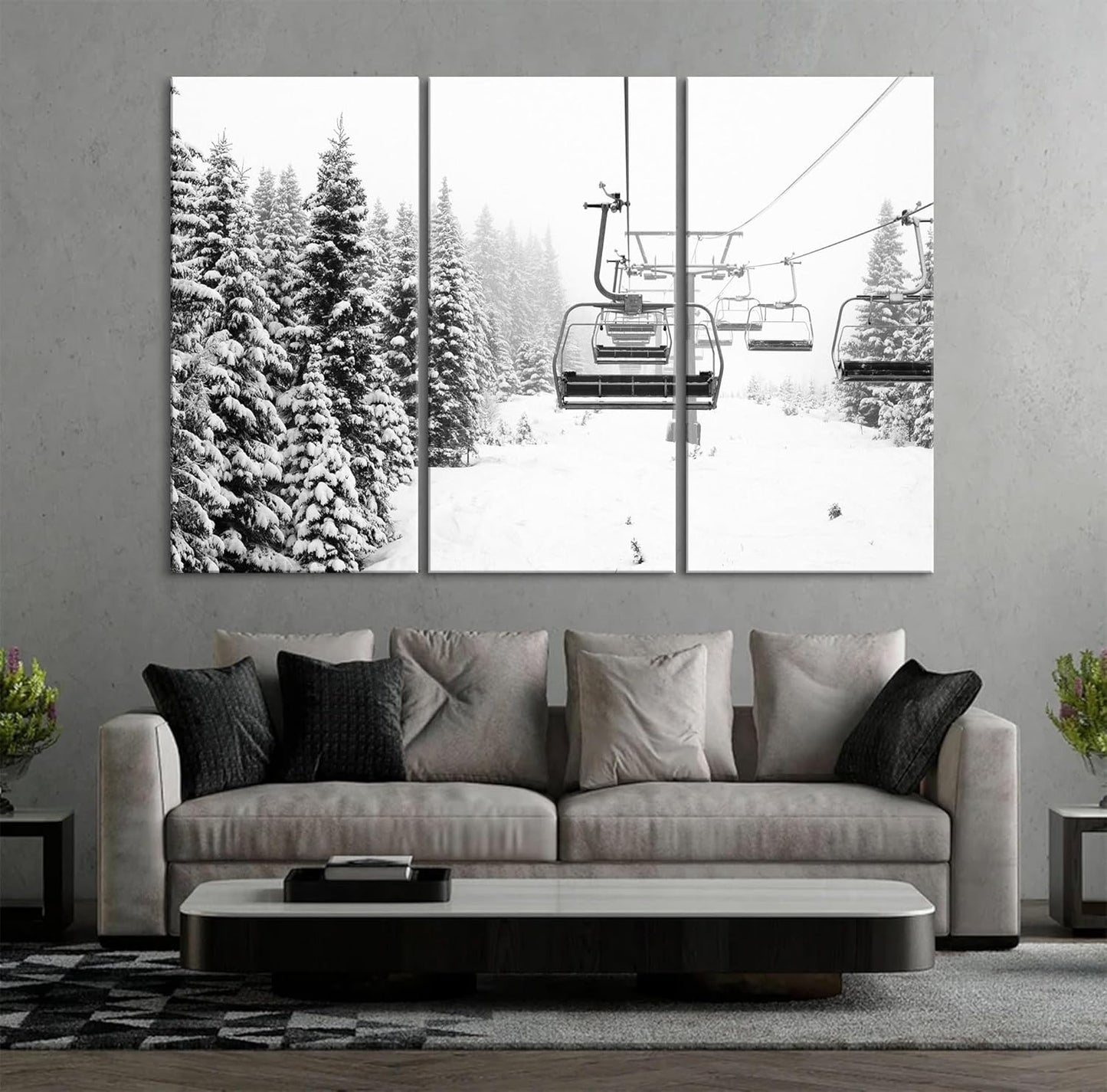 Nature Wall Art Prints - Ocean Forest Mountain Lake Canvas Landscapes - Small to Extra Large Living Room Bedroom Kitchen Bathroom Décor (Ski Lift on Snowy Mountain, 39L" x 59W" - 3 Panels)