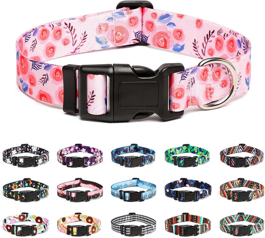 Mercano Adjustable Dog Collar - Special Design Patterns, Soft Nylon Comfortable Durable Pet Collar for Small Medium Large Dogs (L, Rose)