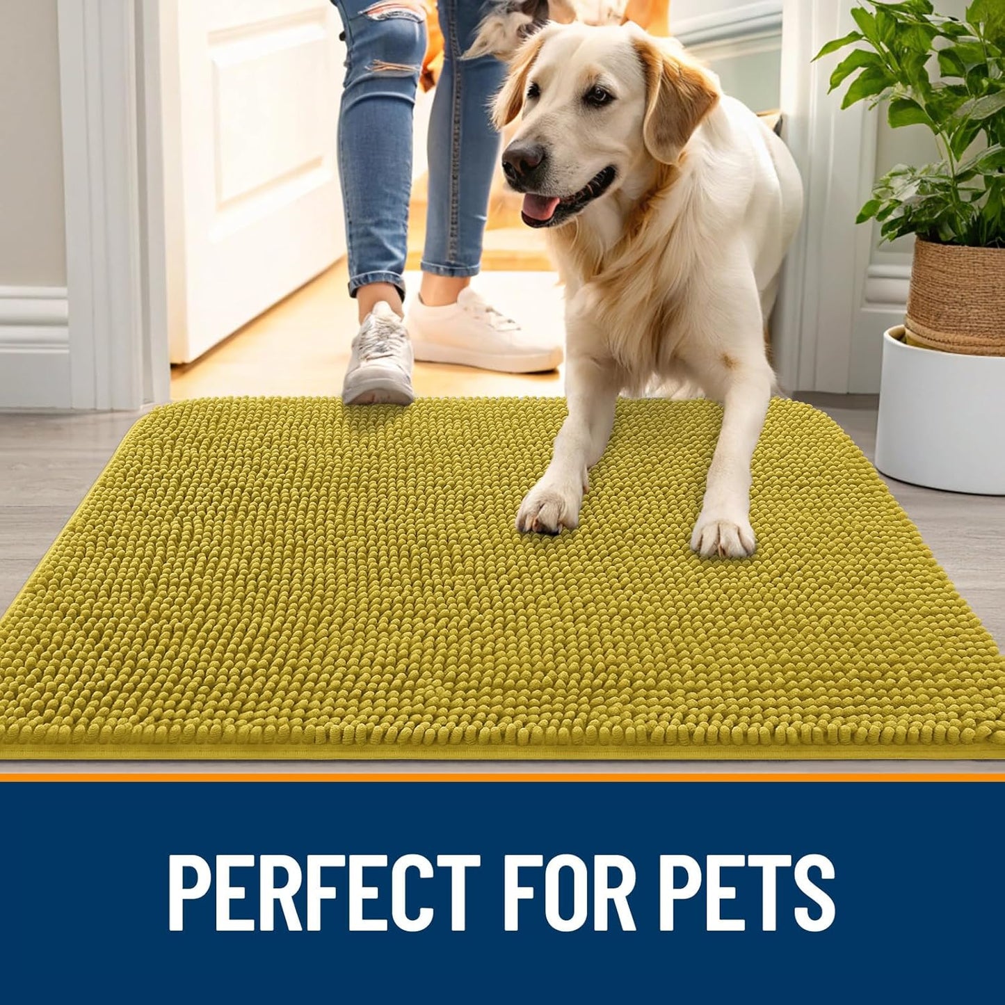 OLANLY Dog Door Mat for Muddy Paws 44x24, Absorbs Moisture and Dirt, Absorbent Non-Slip Washable Doormat, Quick Dry Chenille Mud Mat, Entry Indoor Entryway Carpet for Inside Floor, Mustard Yellow